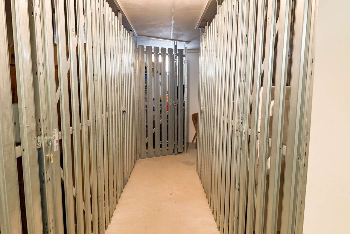 Narrow hallway between tall metal storage lockers in a warehouse-like room, fluorescent light above.