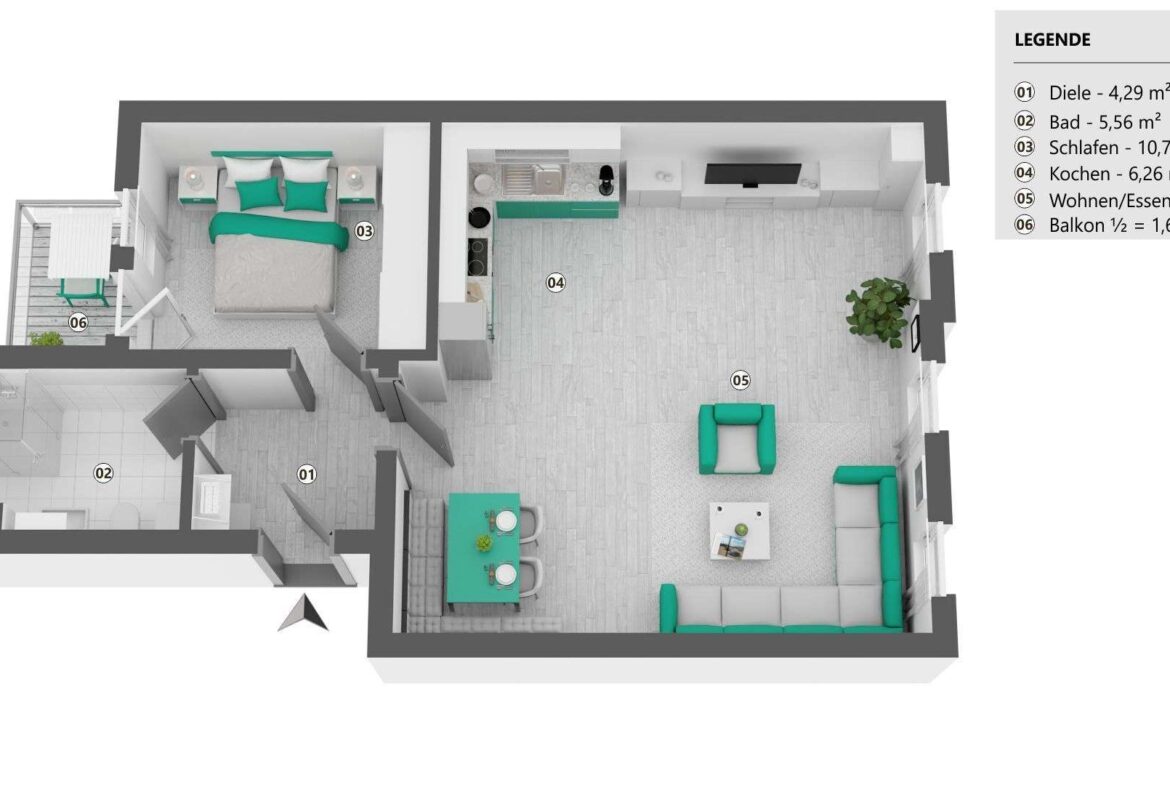 Top-down floor plan of an apartment showing hallway (01), bathroom (02), bedroom (03), kitchen (04), living/dining (05) and balcony (06) with a legend of room names and sizes.