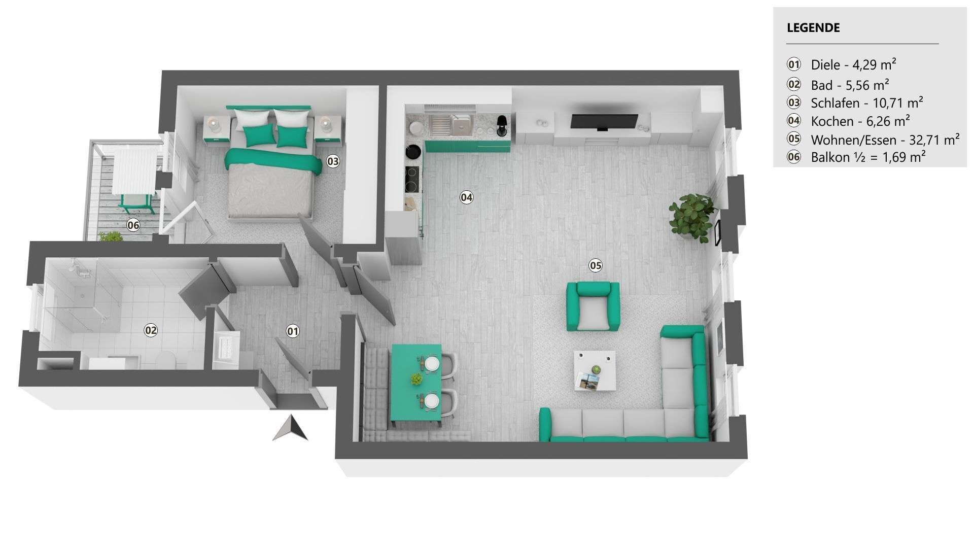 Top-down floor plan of an apartment showing hallway (01), bathroom (02), bedroom (03), kitchen (04), living/dining (05) and balcony (06) with a legend of room names and sizes.