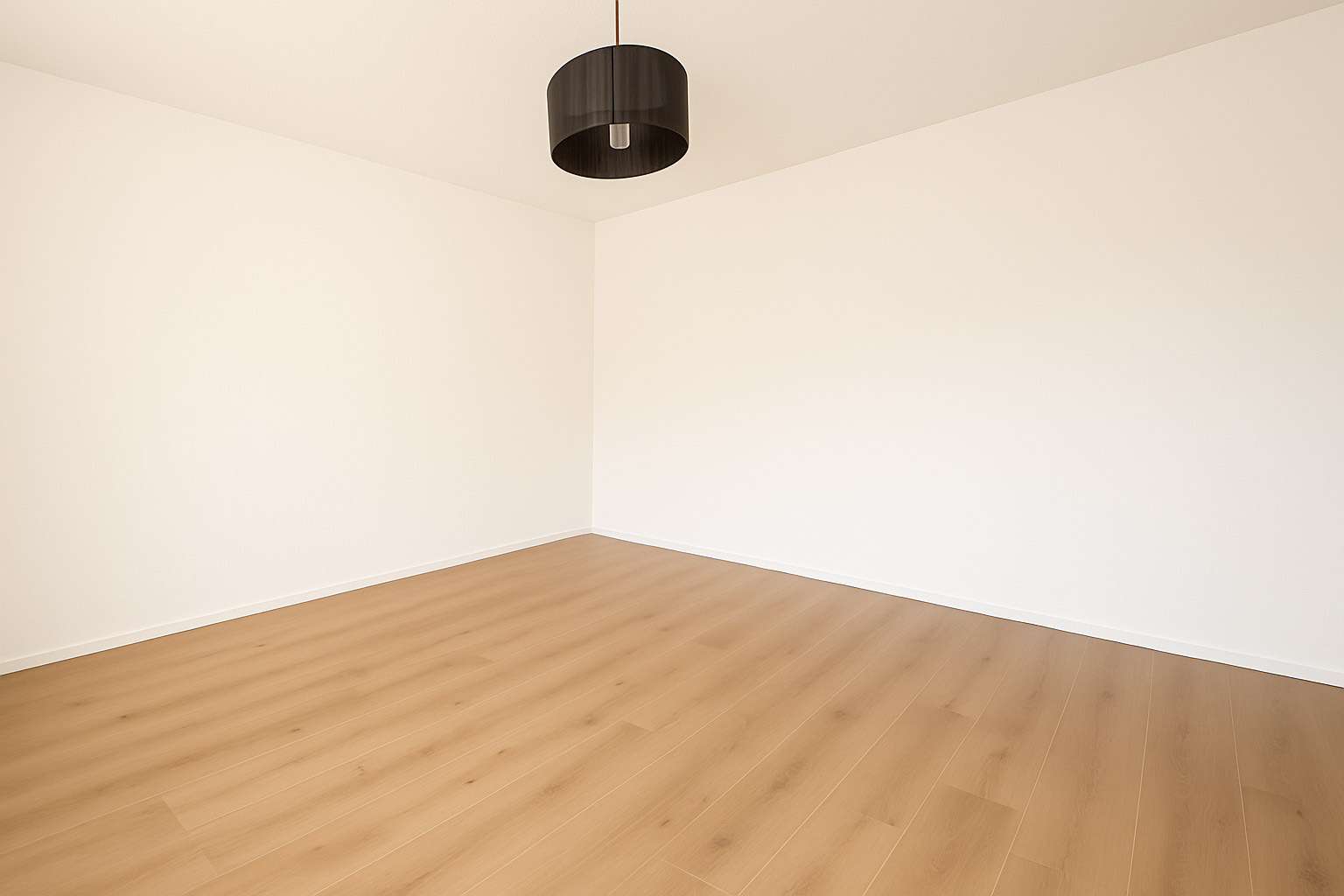 Empty room with white walls, light wood laminate floor, and a black drum ceiling light.