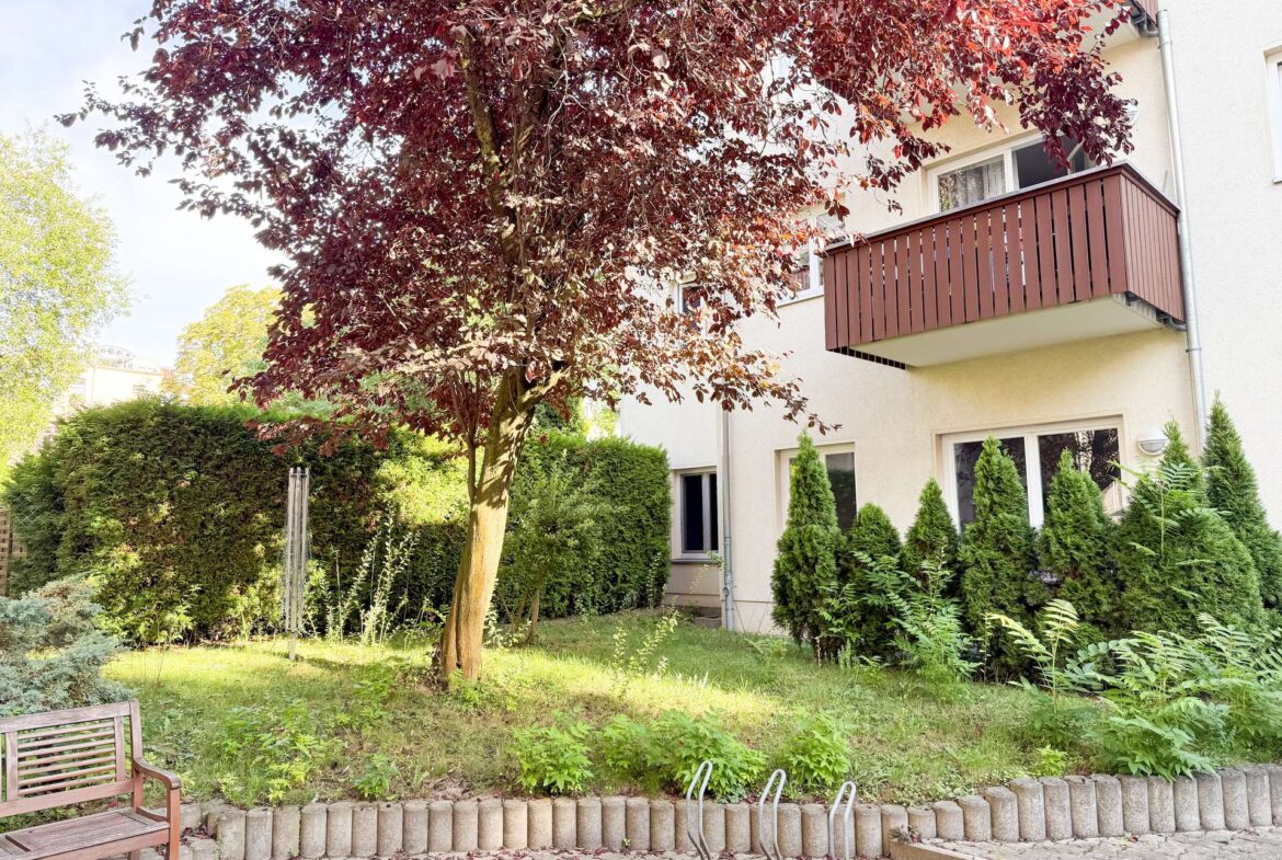 Apartment building courtyard with a large tree with burgundy leaves, a wooden bench, and a low stone border by the path