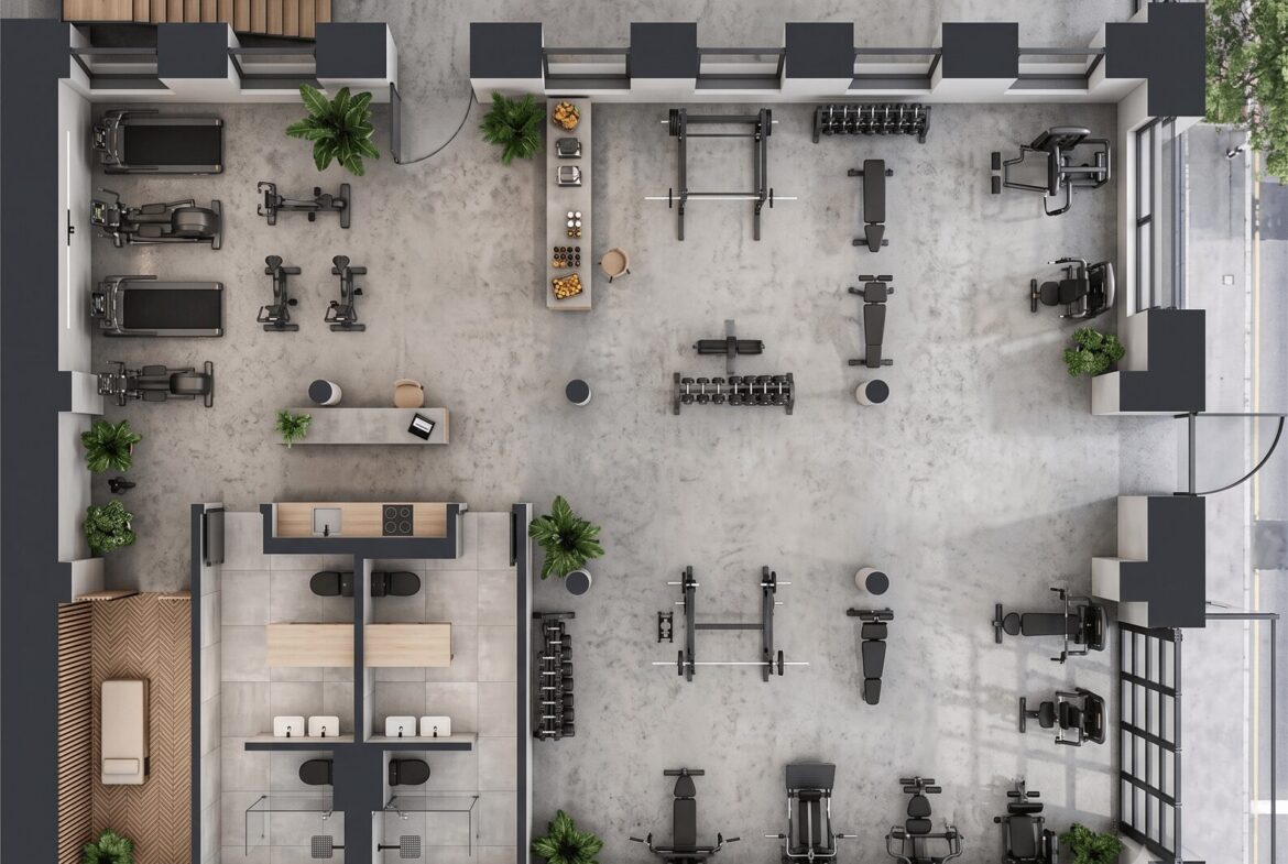 Top-down view of a modern gym layout: cardio area, free weights, machines, and a reception/cafe zone along a central aisle.