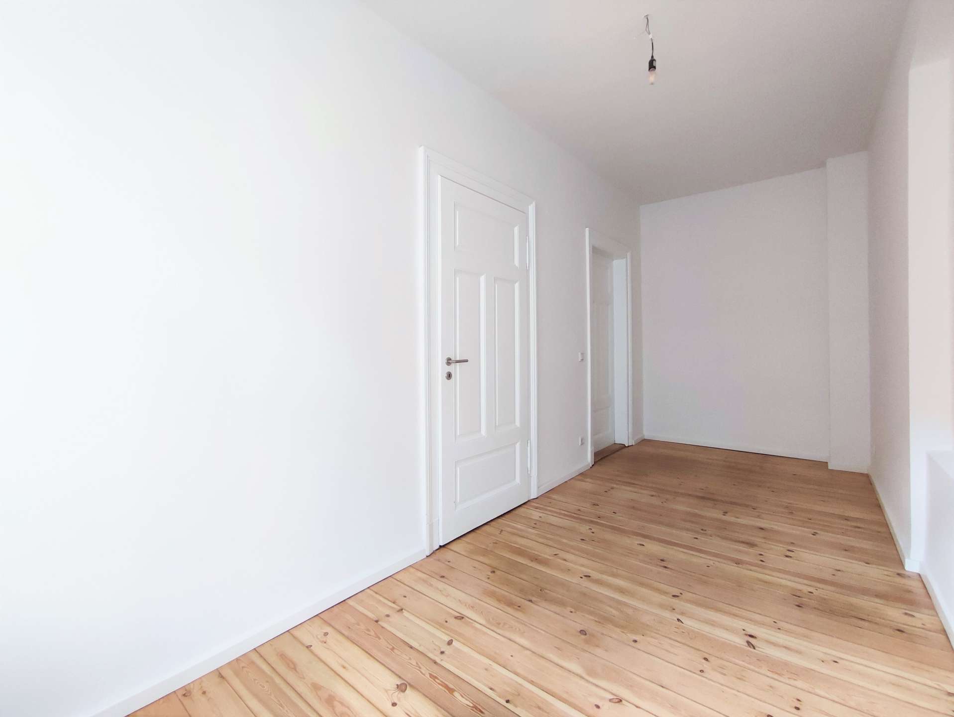 Empty white hallway with light wood floor, white doors along the left wall, and a bare hanging bulb overhead.