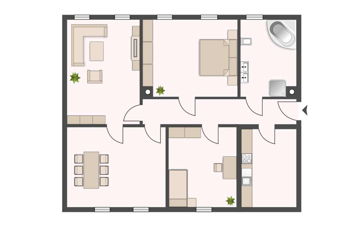 Top-down floor plan of an apartment showing living room, dining area, kitchen, two bedrooms, and a bathroom.