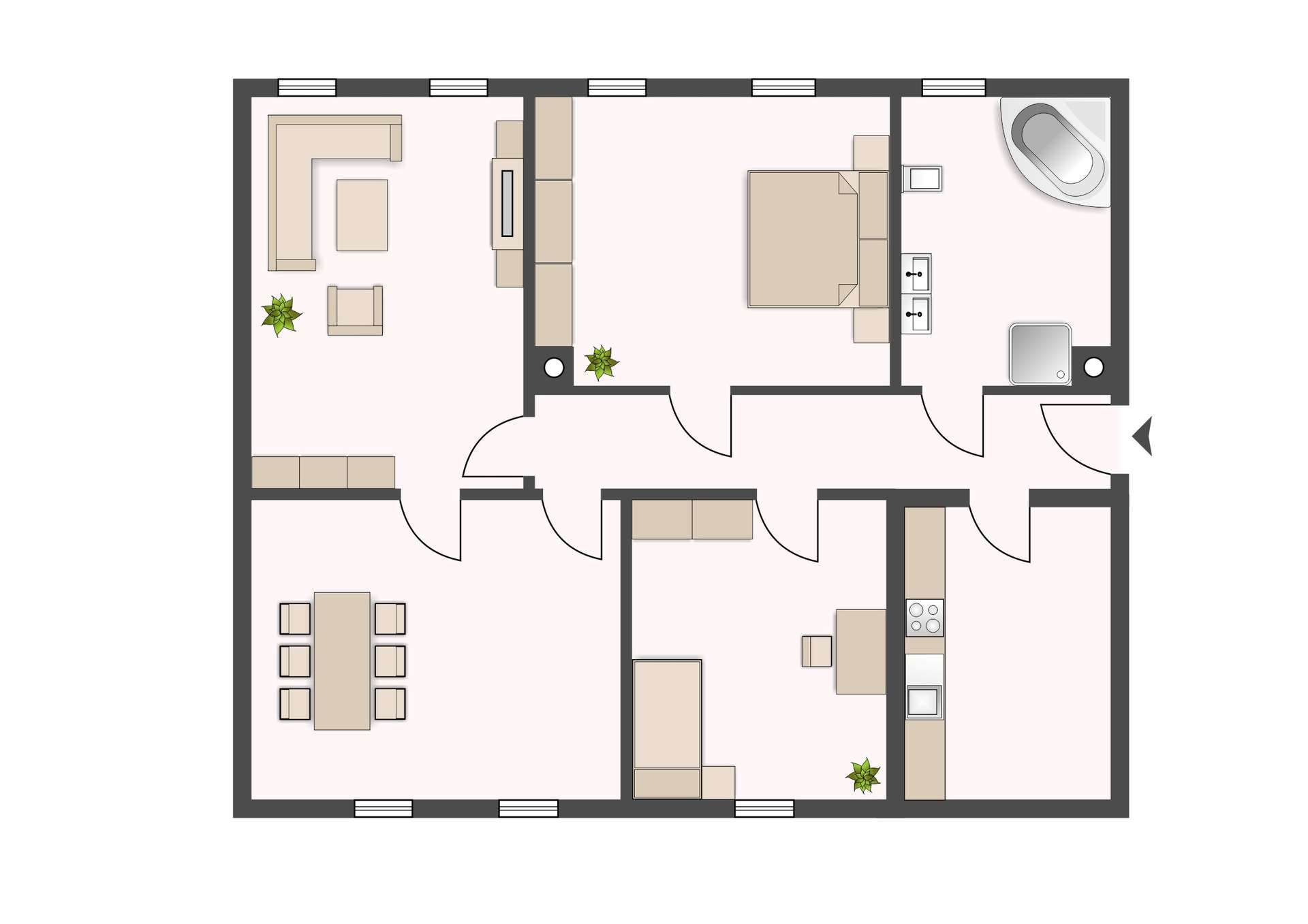 Top-down floor plan of an apartment showing living room, dining area, kitchen, two bedrooms, and a bathroom.