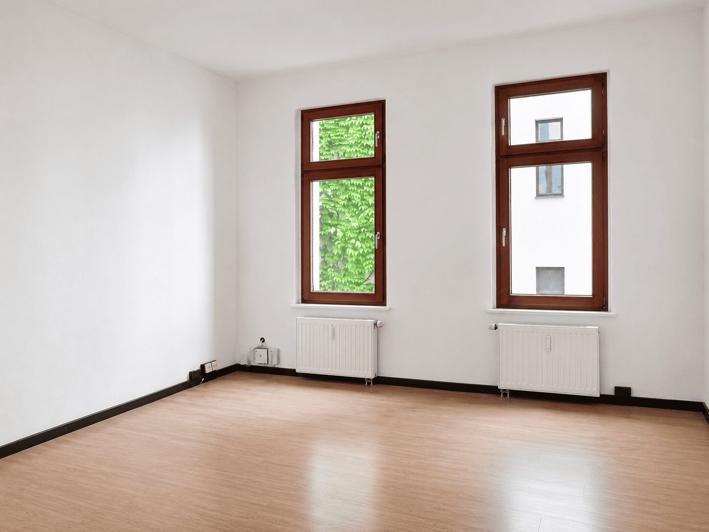 Empty white room with two tall wooden-framed windows, radiators below, and light wood flooring outside view shows greenery and a white building.
