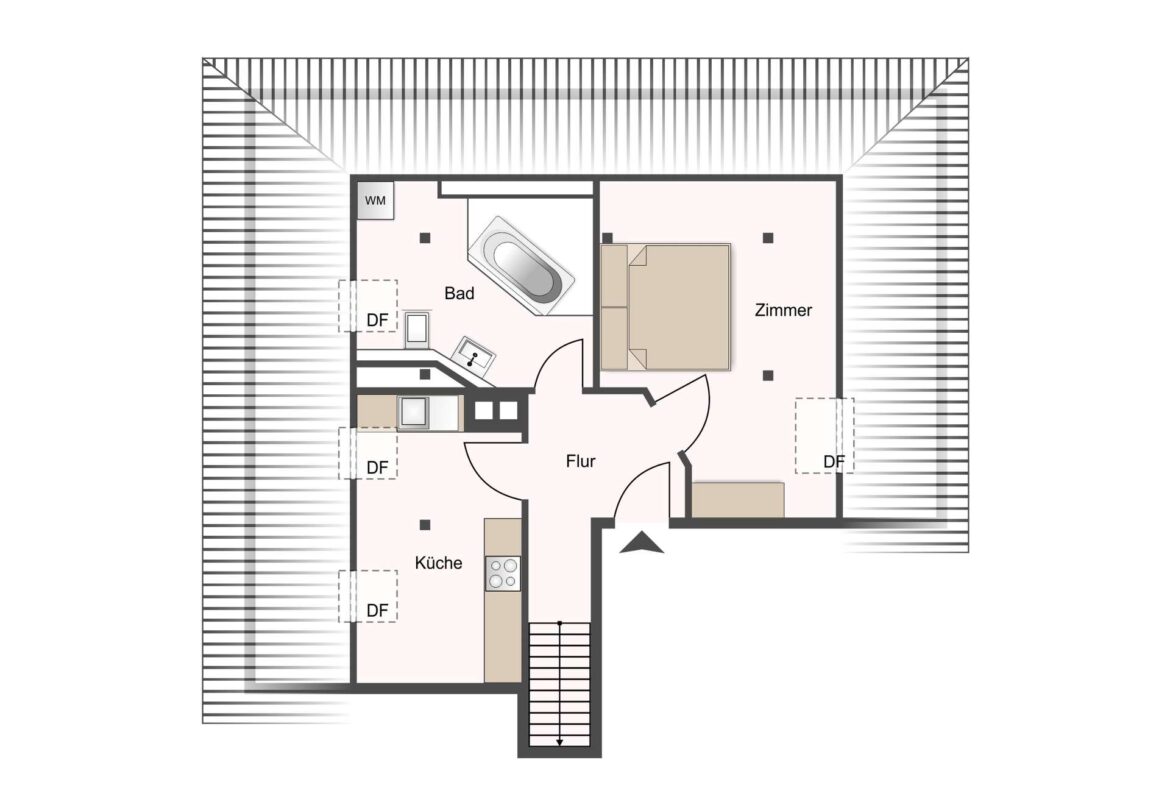 Top-down floor plan of an apartment showing Küche (kitchen), Flur (hall), Bad with a bathtub, and a Zimmer (room) with a bed; stairs outside.