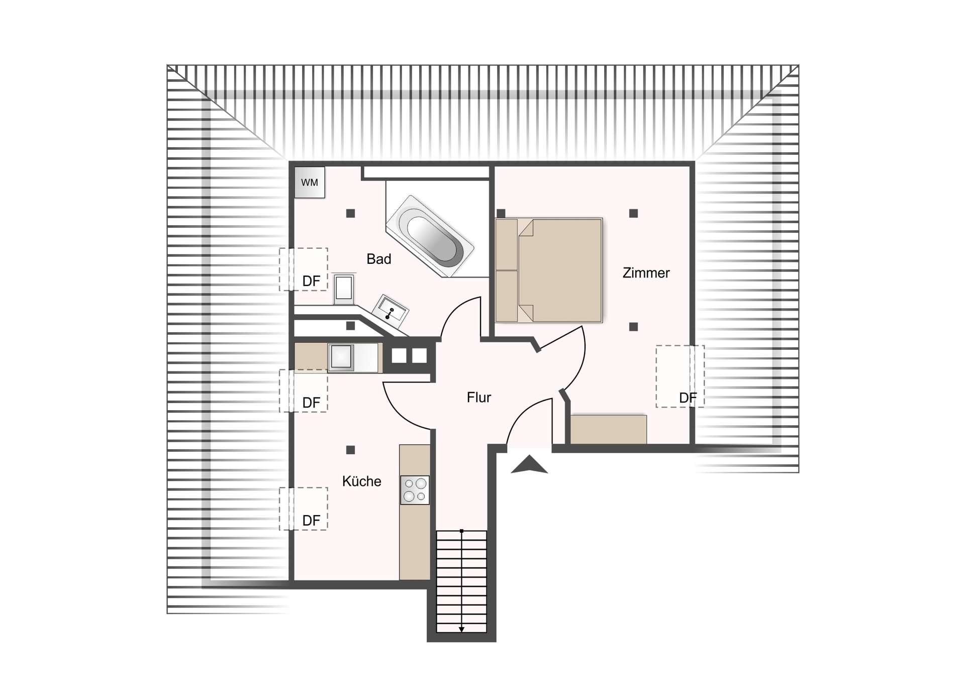 Top-down floor plan of an apartment showing Küche (kitchen), Flur (hall), Bad with a bathtub, and a Zimmer (room) with a bed; stairs outside.