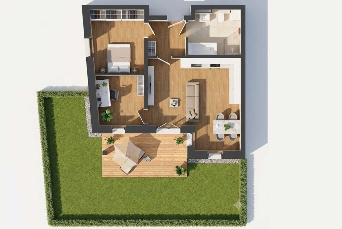 Top-down 3D floor plan of a single-story home with a wooden living area, bedroom, kitchen and dining area, bathroom, and a fenced backyard featuring a wooden deck and outdoor seating.
