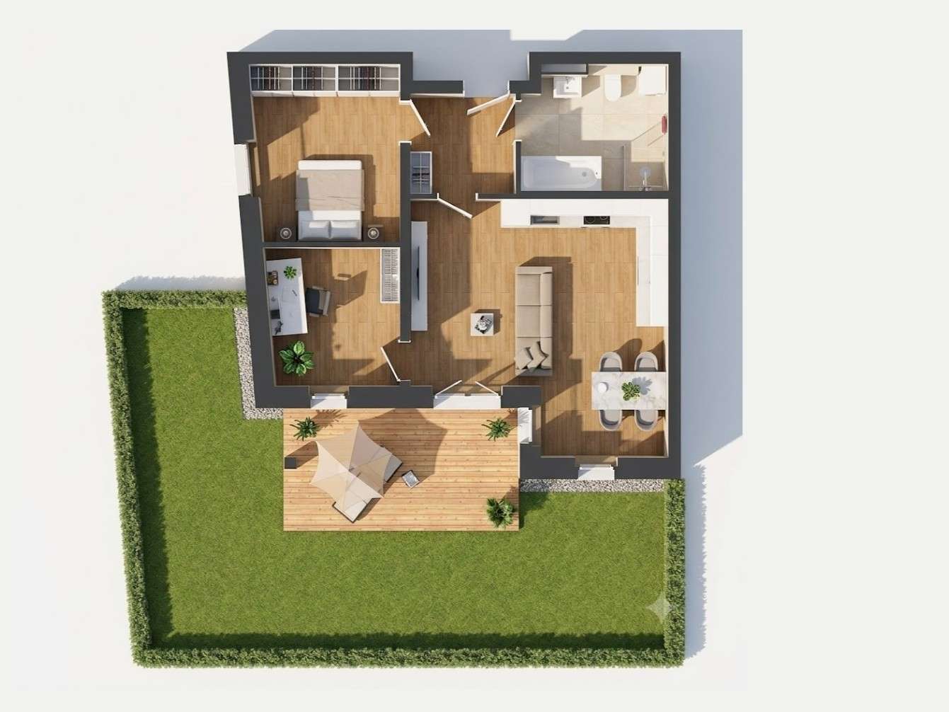 Top-down 3D floor plan of a single-story home with a wooden living area, bedroom, kitchen and dining area, bathroom, and a fenced backyard featuring a wooden deck and outdoor seating.