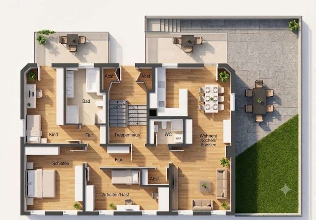 Floor plan of a two-story apartment showing labeled rooms: living area, kitchen/dining, bedroom, children's room, study/guest room, bathrooms, hallways, stairs, and closets with outdoor patio and garden areas visible on the right.