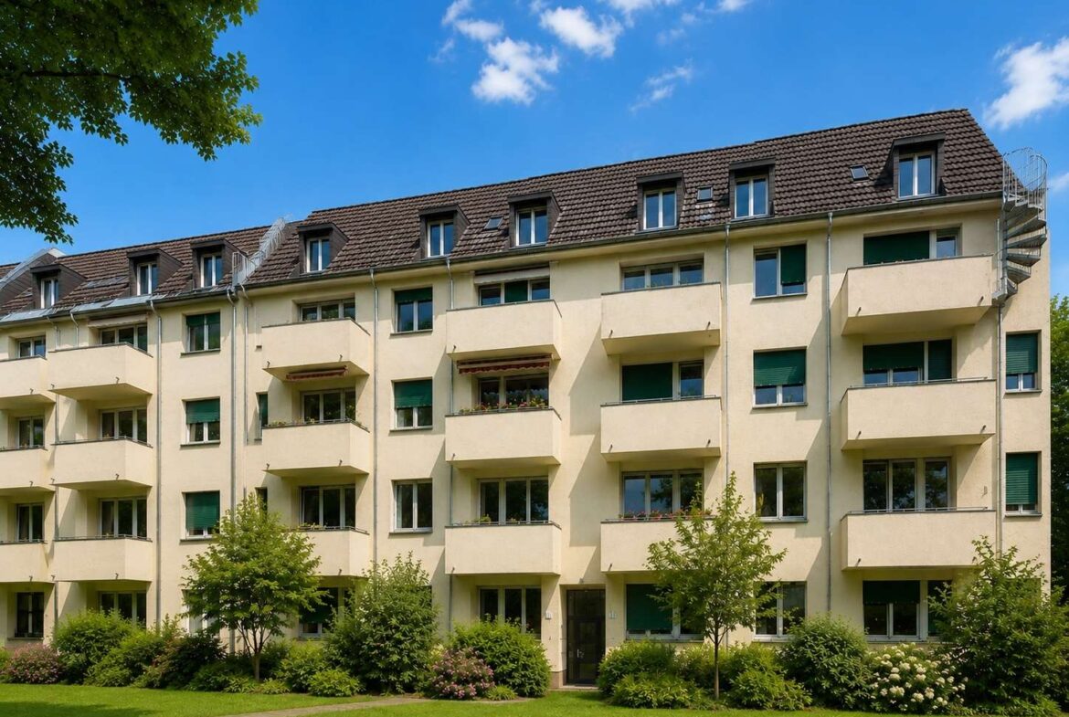 Three-story beige apartment building with balconies facing a green lawn, under a blue sky with a few clouds.