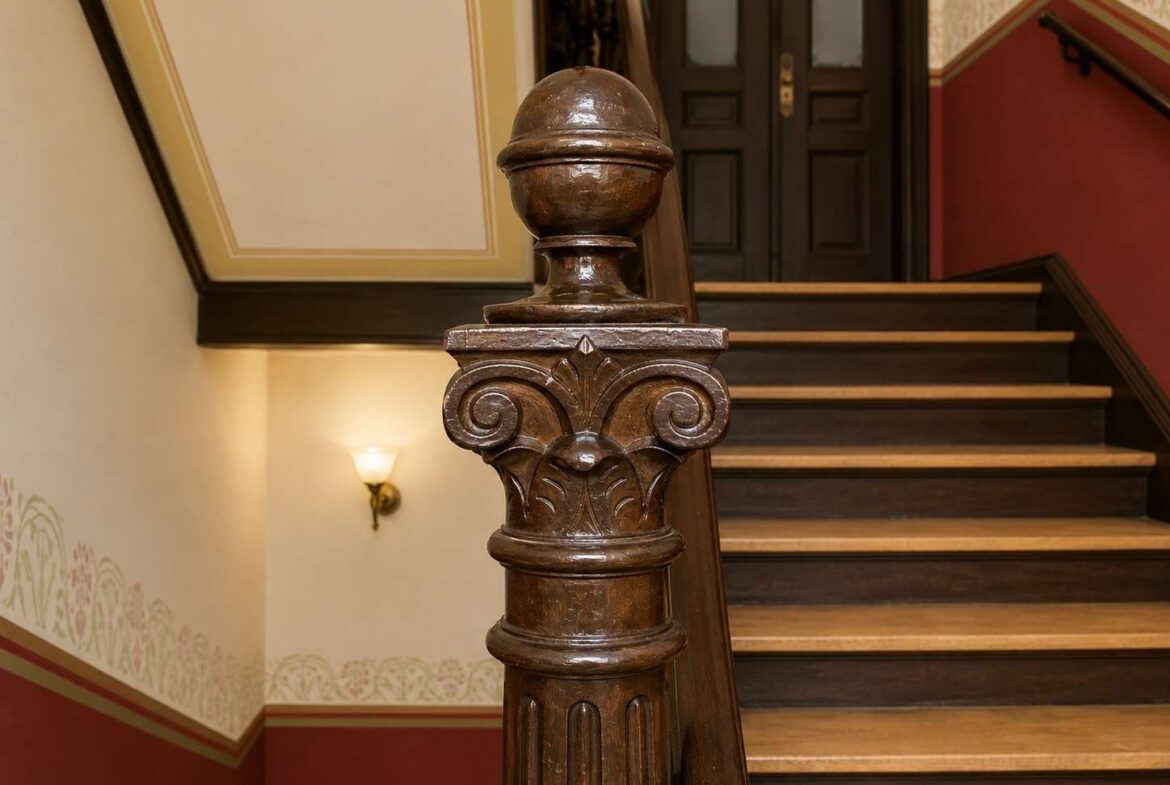 Close-up of an ornately carved wooden staircase newel post at the base of dark wood steps in a warm, vintage interior.140 characters