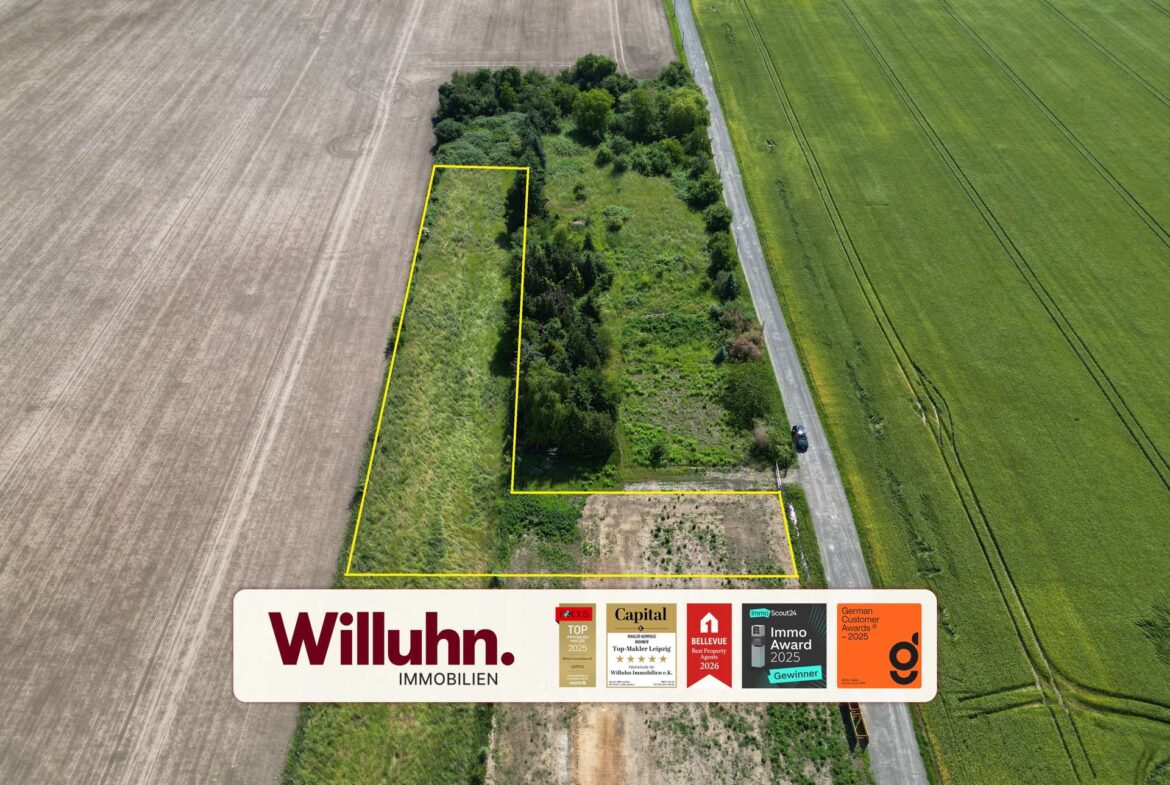 Aerial view of a rectangular land parcel outlined in yellow between fields and a road, with trees along the edge and a Willuhn Immobilien sign at the bottom