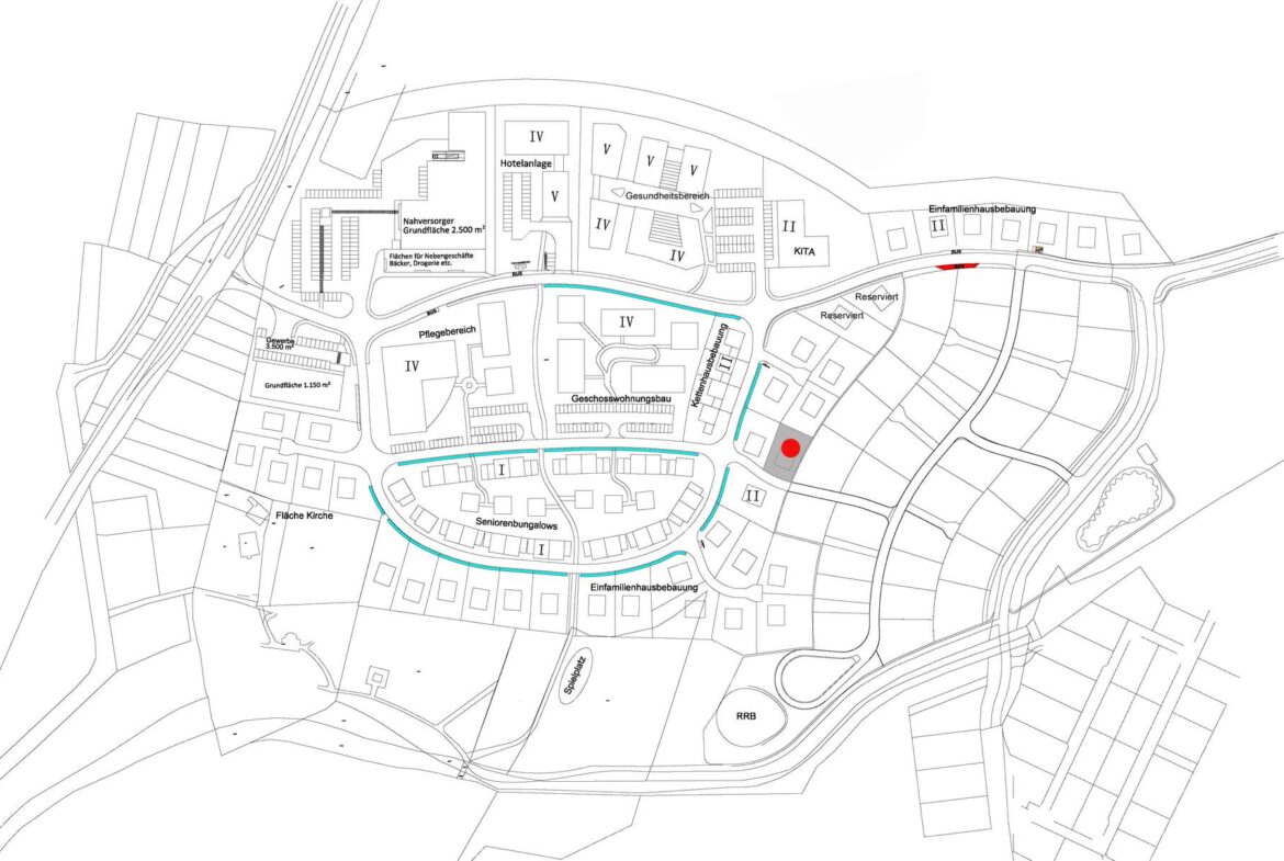 Site plan of a residential development with a highlighted cyan walking route and a red point-of-interest marker nearby.