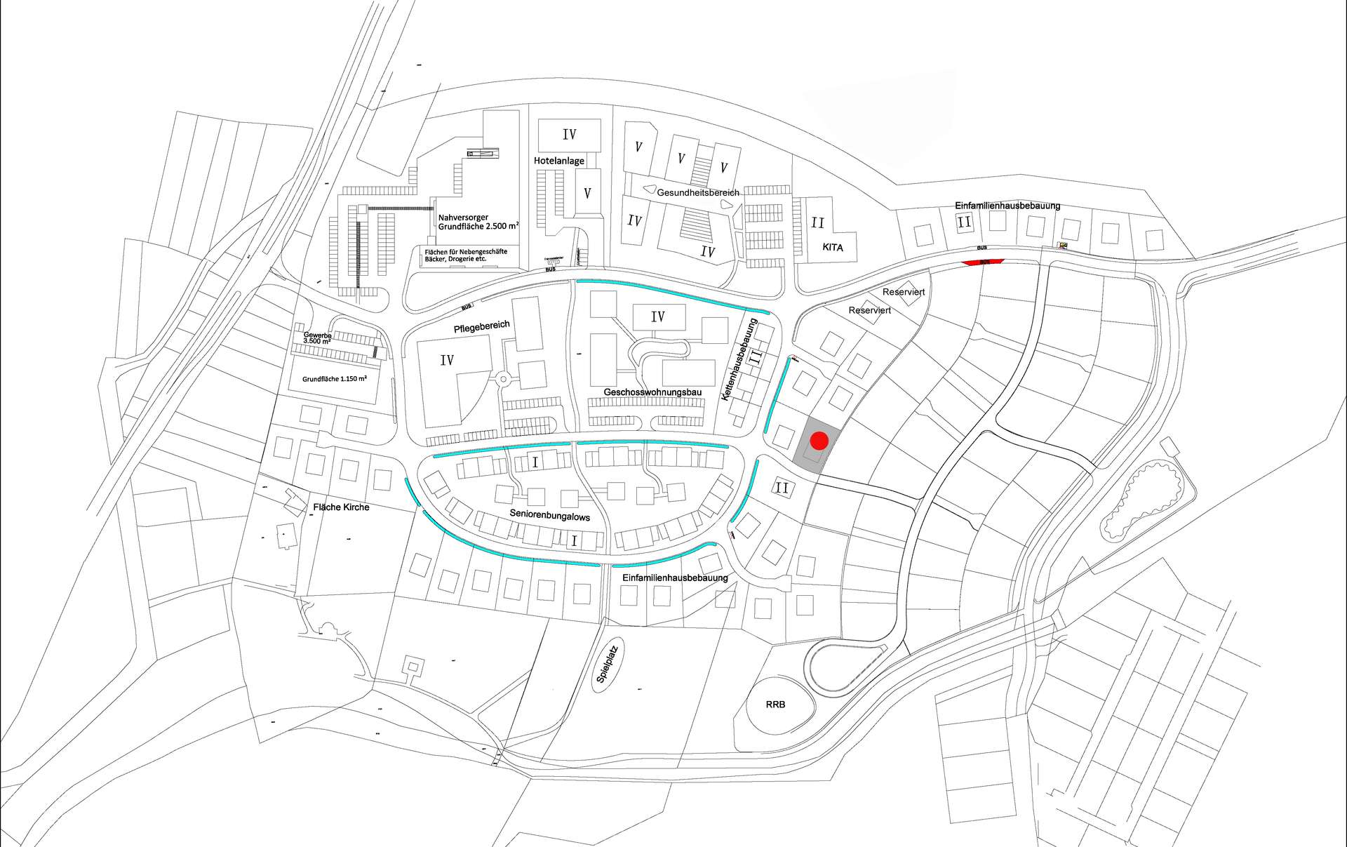 Site plan of a residential development with a highlighted cyan walking route and a red point-of-interest marker nearby.
