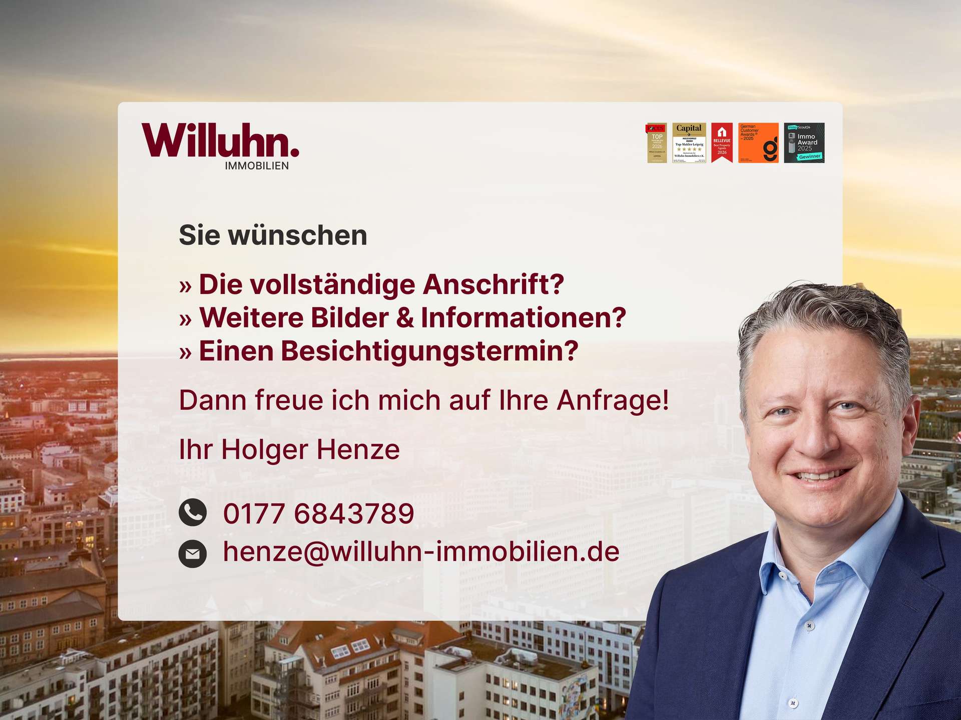 Willuhn Immobilien banner: smiling man in a suit on the right, bold red German text over a city skyline background with contact info on the left top.