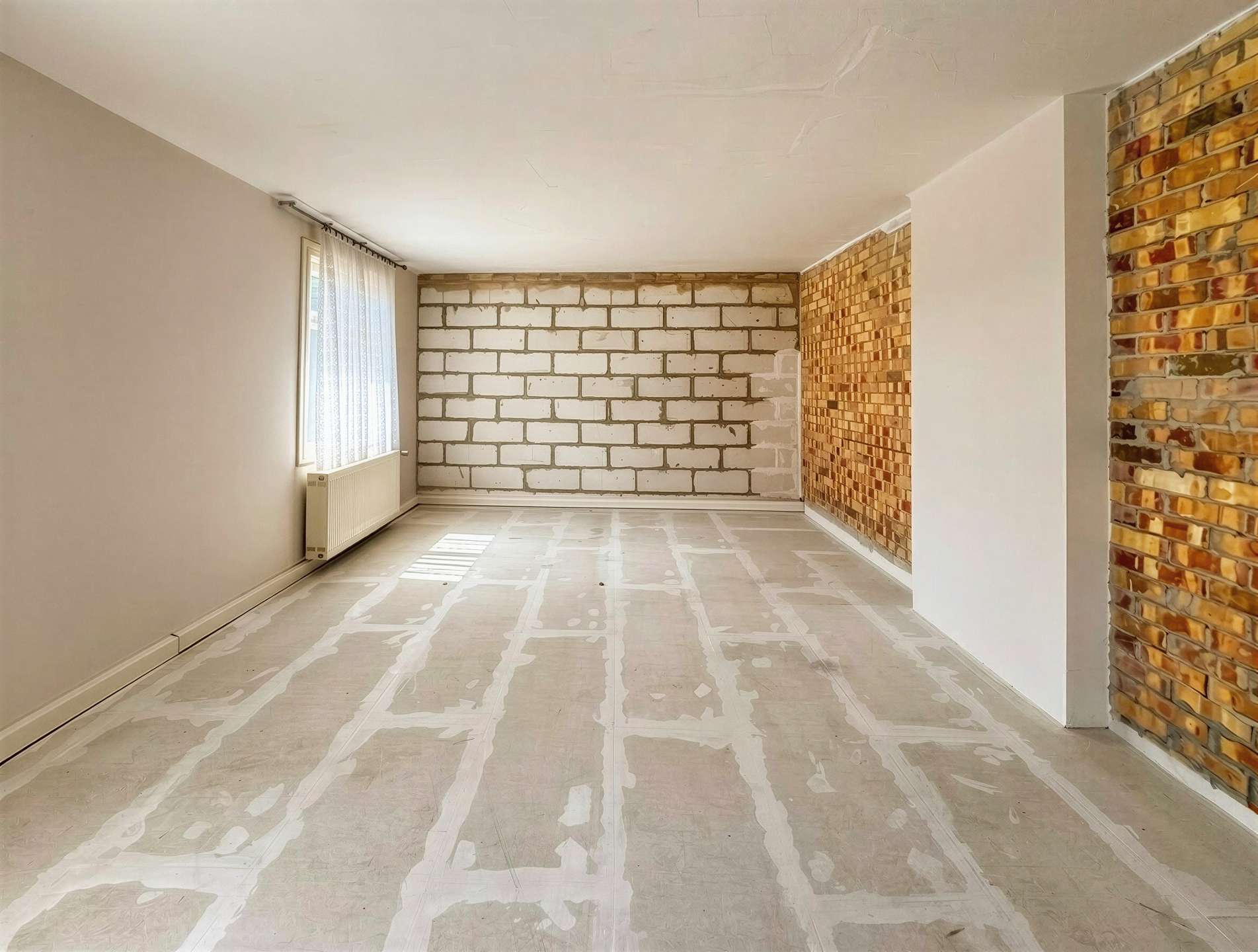 Empty unfinished living room with white painted block walls at the far end, exposed brick wall on the right, and taped protective flooring across the room.