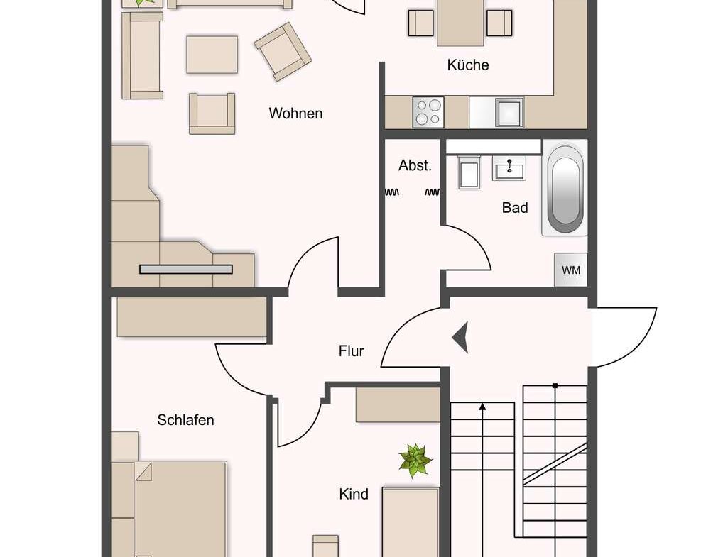 Grundriss einer Wohnung: Wohnzimmer links, Küche oben rechts, Bad rechts, Flur in der Mitte, Schlafzimmer unten links, Kinderzimmer unten rechts, Balkon oben, Flachdach unten