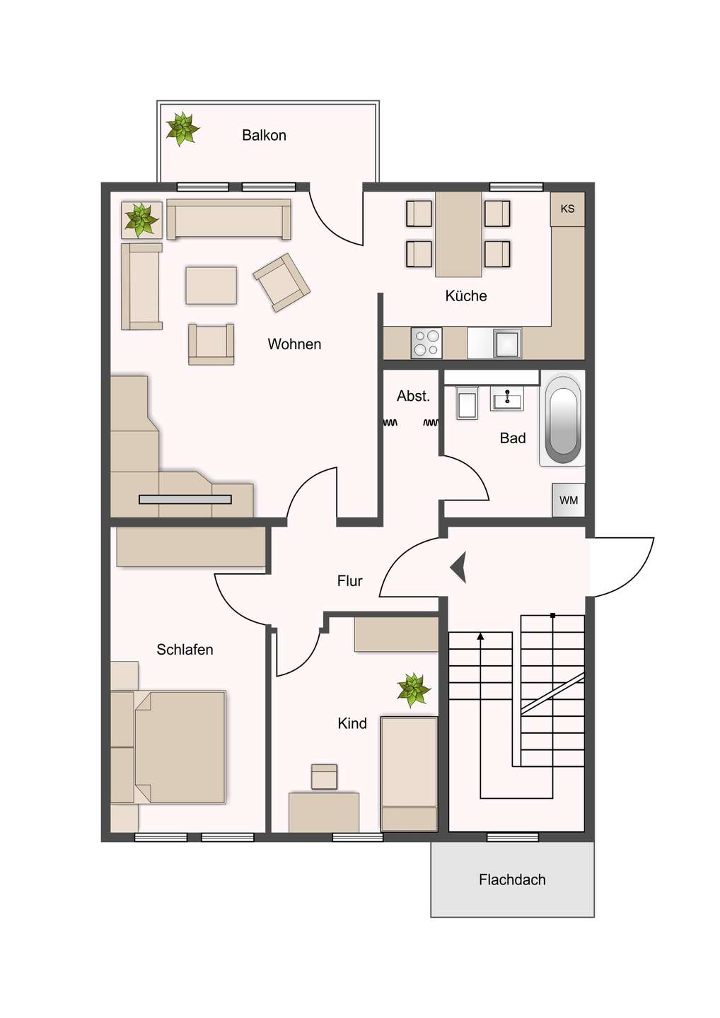 Grundriss einer Wohnung: Wohnzimmer links, Küche oben rechts, Bad rechts, Flur in der Mitte, Schlafzimmer unten links, Kinderzimmer unten rechts, Balkon oben, Flachdach unten