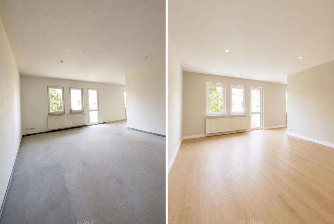 Split view of a living room: left shows bare walls and grey floor, right shows renovated space with light wood flooring and bright walls.