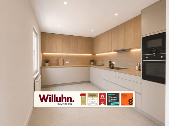 Modern L-shaped kitchen with wood upper cabinets, gray lower cabinets, and under-cabinet lighting; built-in oven on the right.