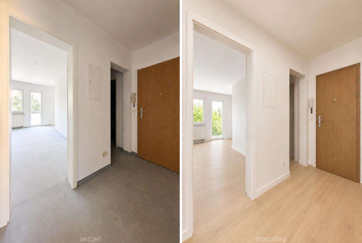 Comparison photo of an apartment hallway: left shows a gray unfinished floor and plain walls, right shows a bright renovated space with light wood flooring and large windows.
