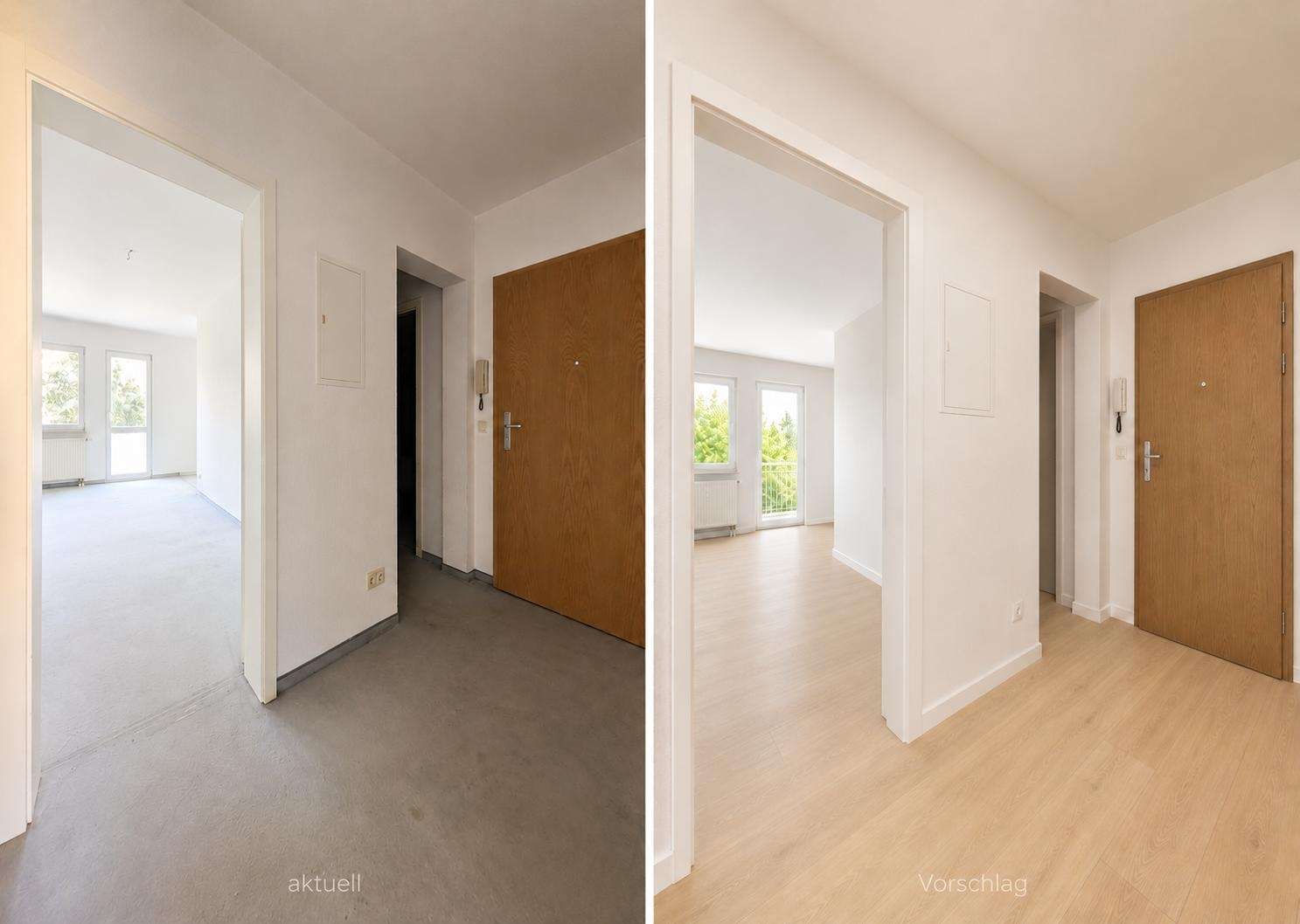 Comparison photo of an apartment hallway: left shows a gray unfinished floor and plain walls, right shows a bright renovated space with light wood flooring and large windows.