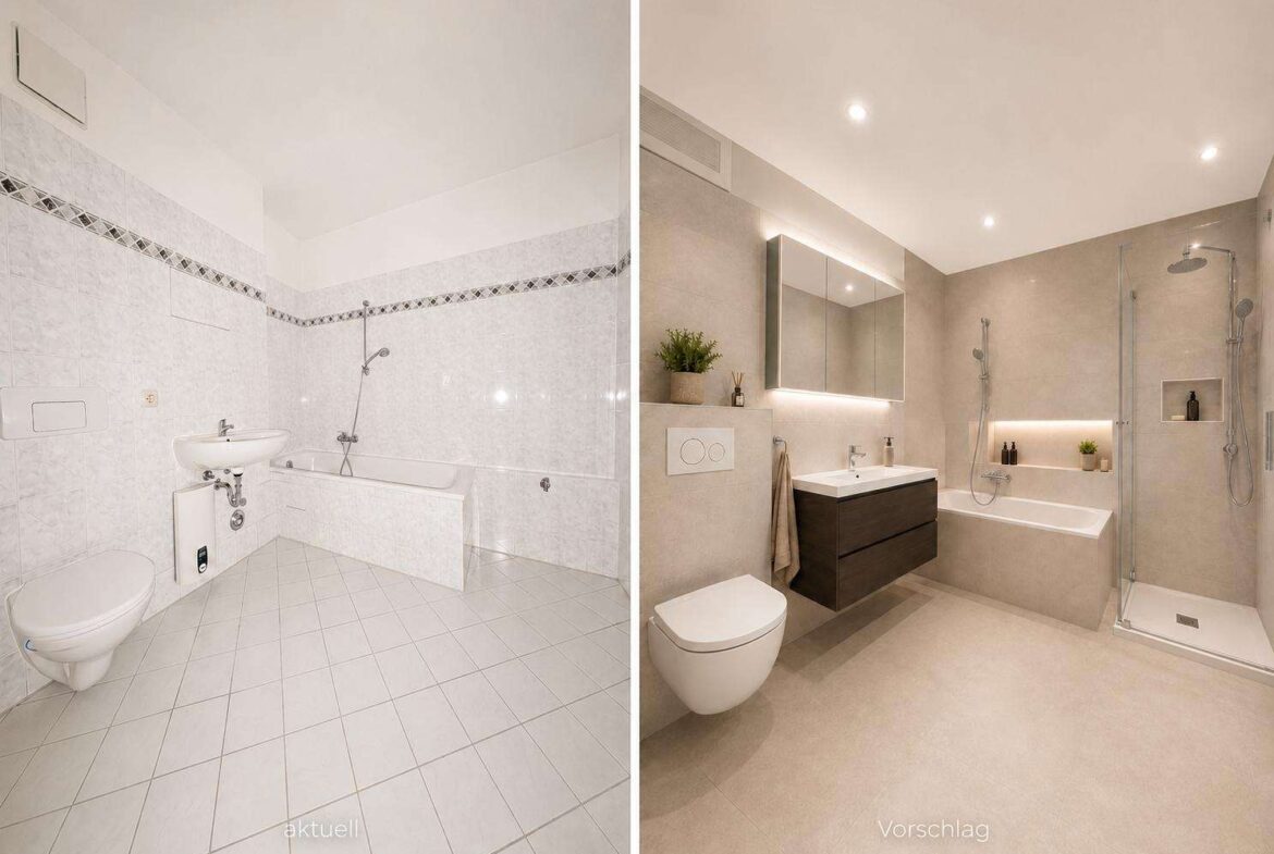 Side-by-side bathroom before and after: left shows a dated white-tiled bath with a tub, sink, and wall toilet; right shows a modern gray-tiled bath with a floating vanity, backlit mirror, bathtub with built-in shelves, and a glass shower.