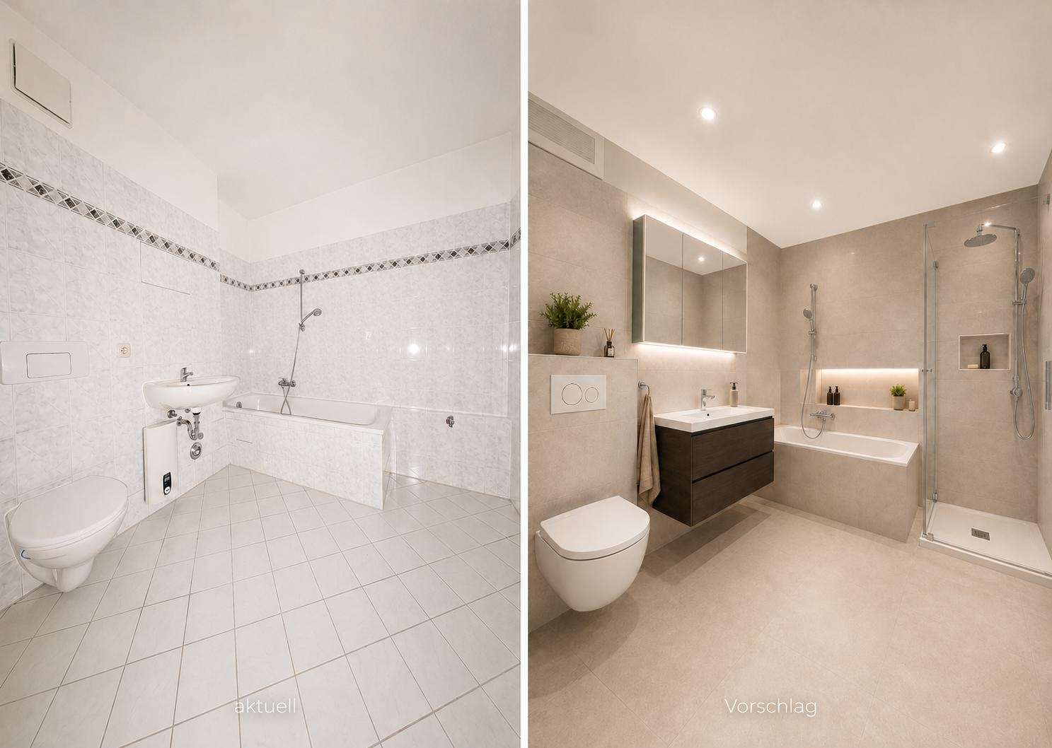 Side-by-side bathroom before and after: left shows a dated white-tiled bath with a tub, sink, and wall toilet; right shows a modern gray-tiled bath with a floating vanity, backlit mirror, bathtub with built-in shelves, and a glass shower.