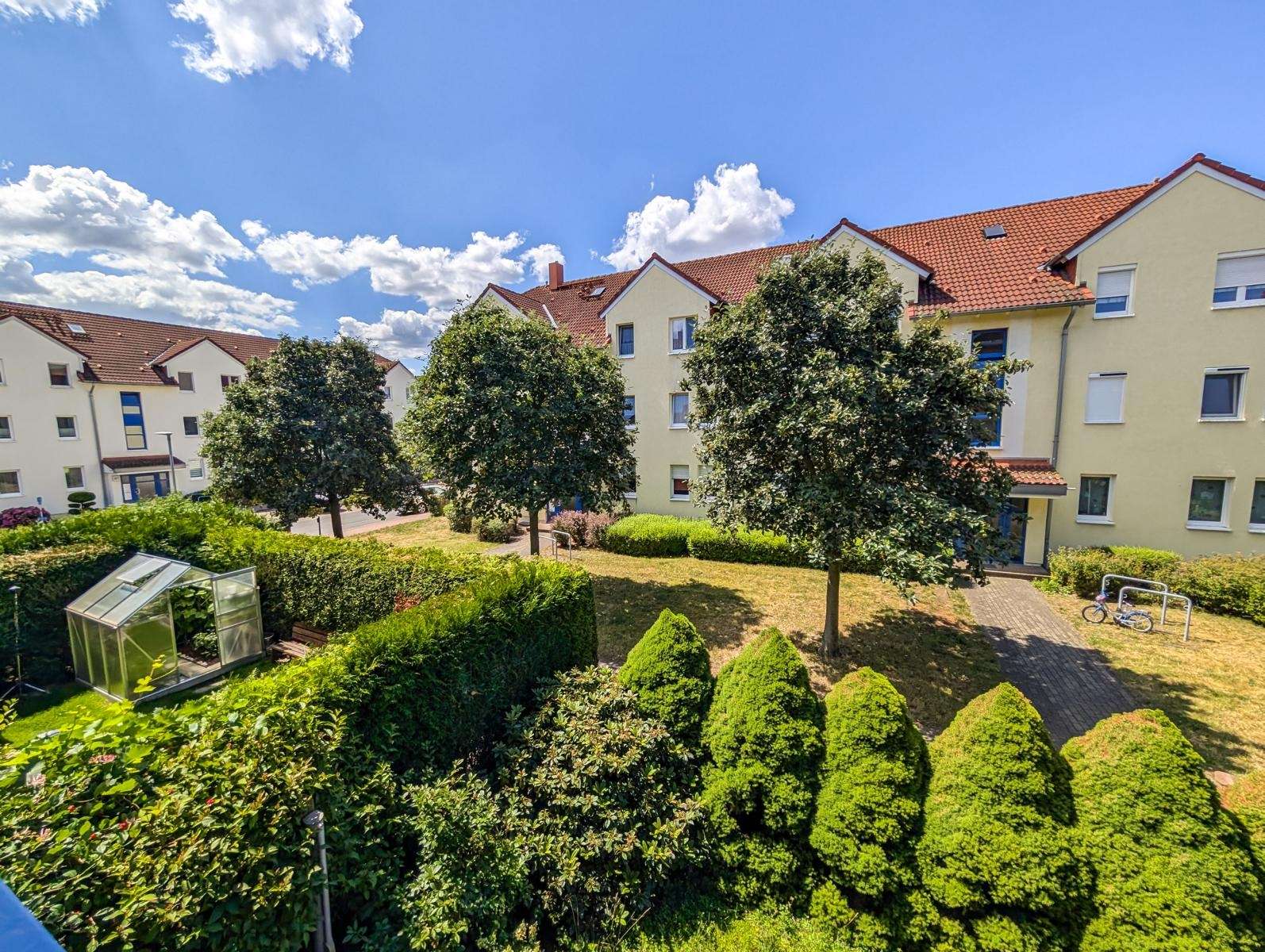 Sunny residential courtyard with trimmed hedges, three green trees, and cream buildings with red roofs.