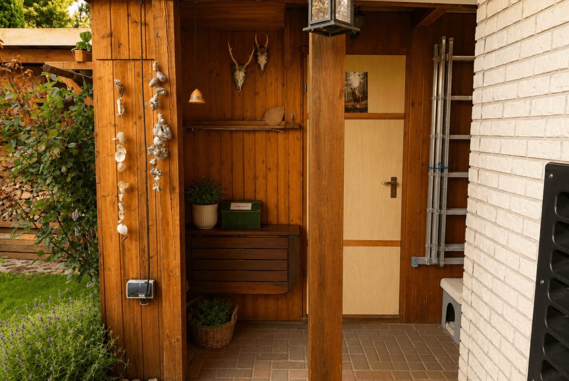 Wooden garden shed alcove with a shell garland, antler decor, potted plant, and a door opening inside the wooden wall.