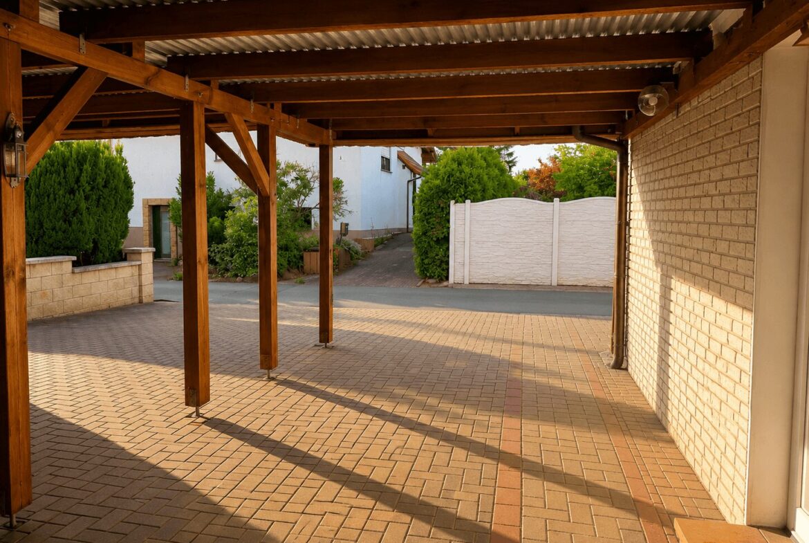 Wooden pergola over a paved courtyard, with brick walls and a white fence at the far end, and a residential street beyond.
