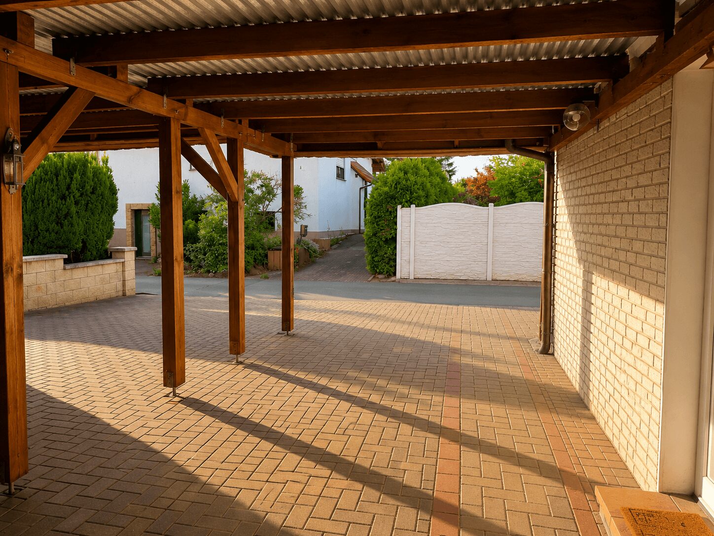 Wooden pergola over a paved courtyard, with brick walls and a white fence at the far end, and a residential street beyond.