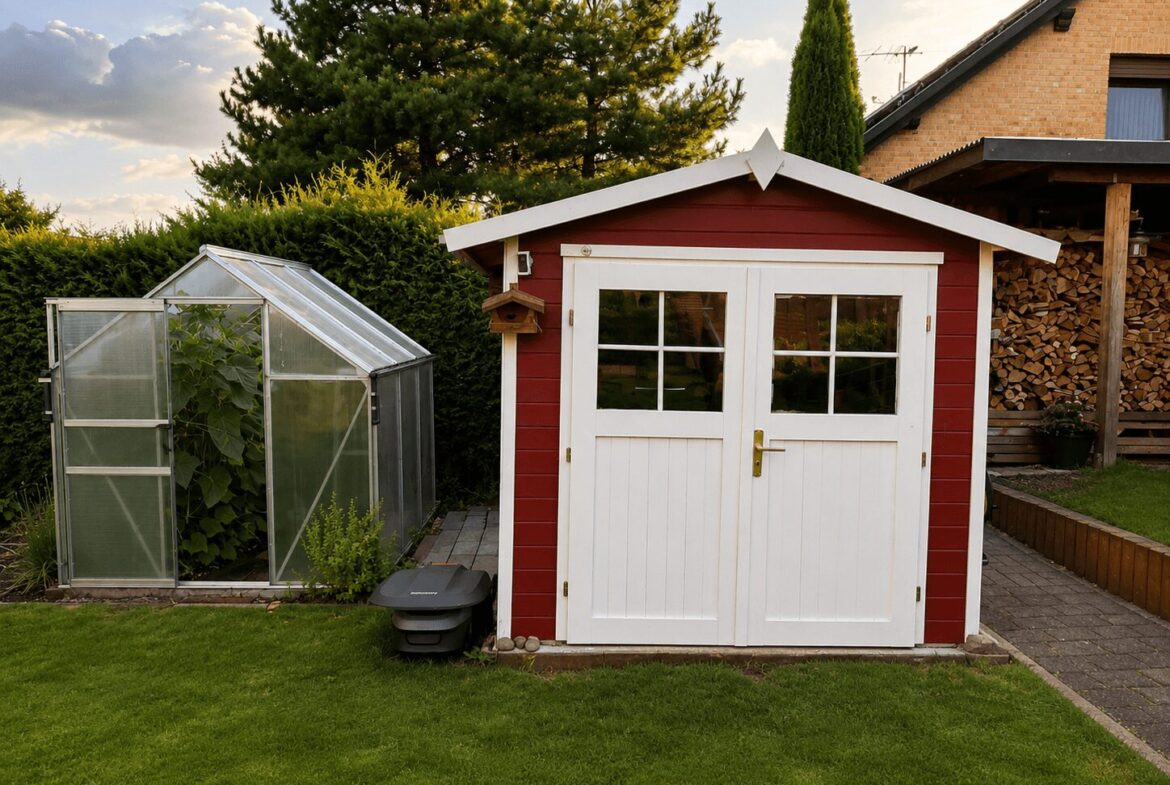 Red garden shed with white double doors in a backyard, next to a small greenhouse and wood stack.