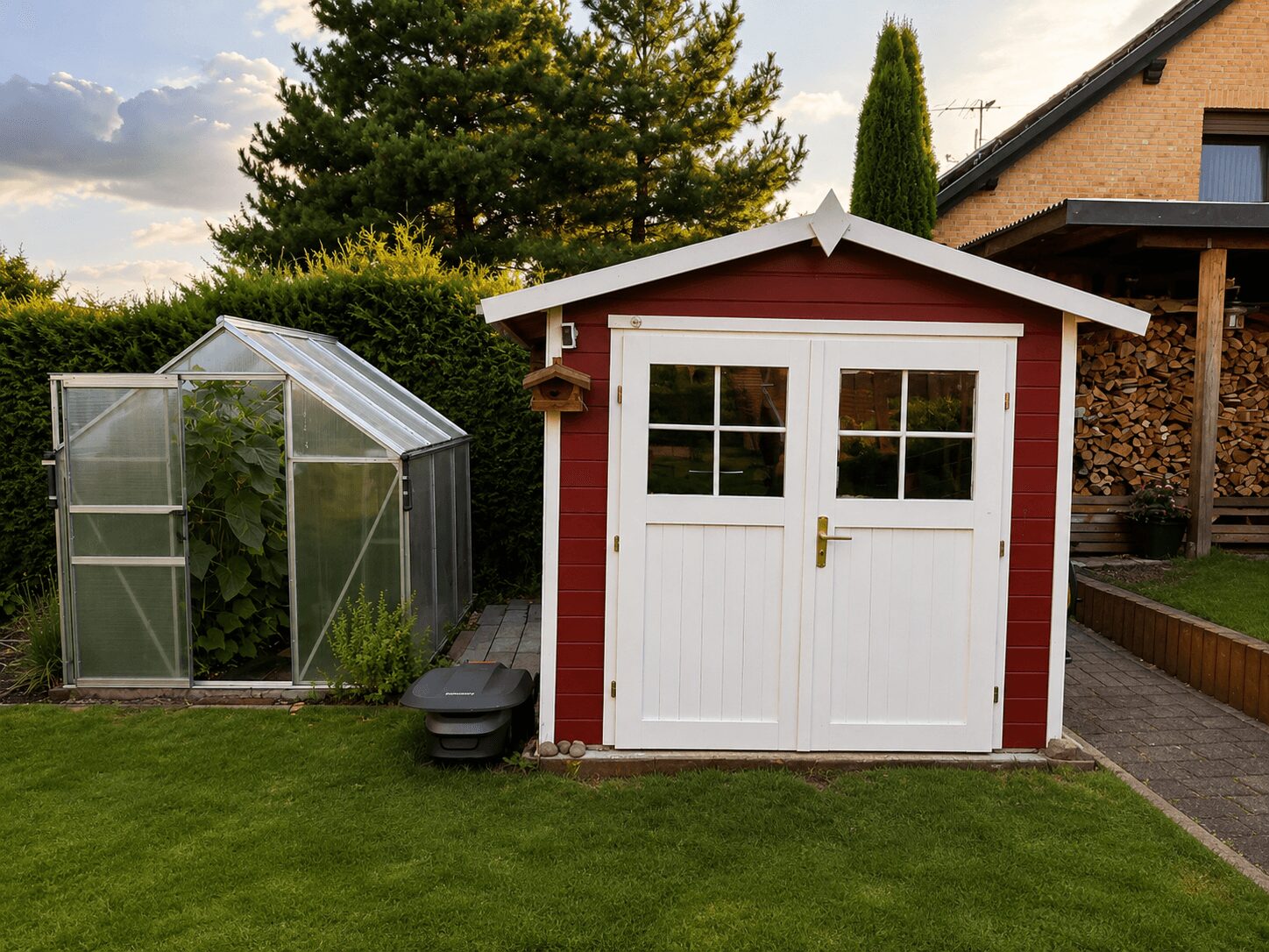 Red garden shed with white double doors in a backyard, next to a small greenhouse and wood stack.
