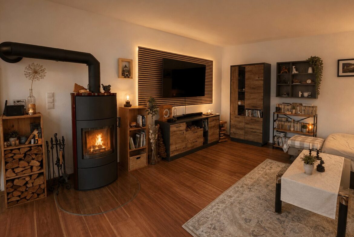 Cozy living room featuring a black wood-burning stove with stacked firewood, a TV on a wooden slatted wall, and warm ambient lighting.