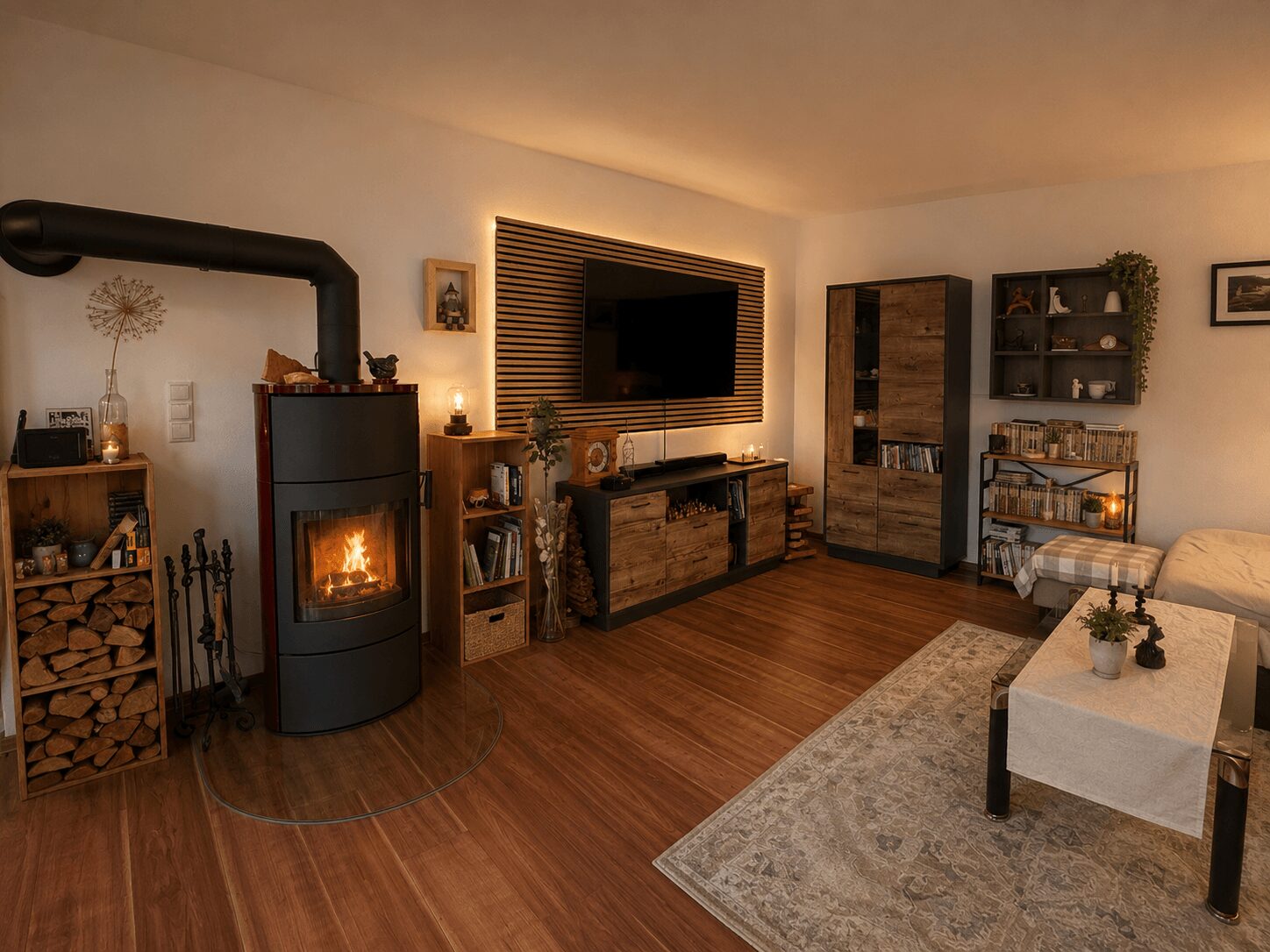 Cozy living room featuring a black wood-burning stove with stacked firewood, a TV on a wooden slatted wall, and warm ambient lighting.