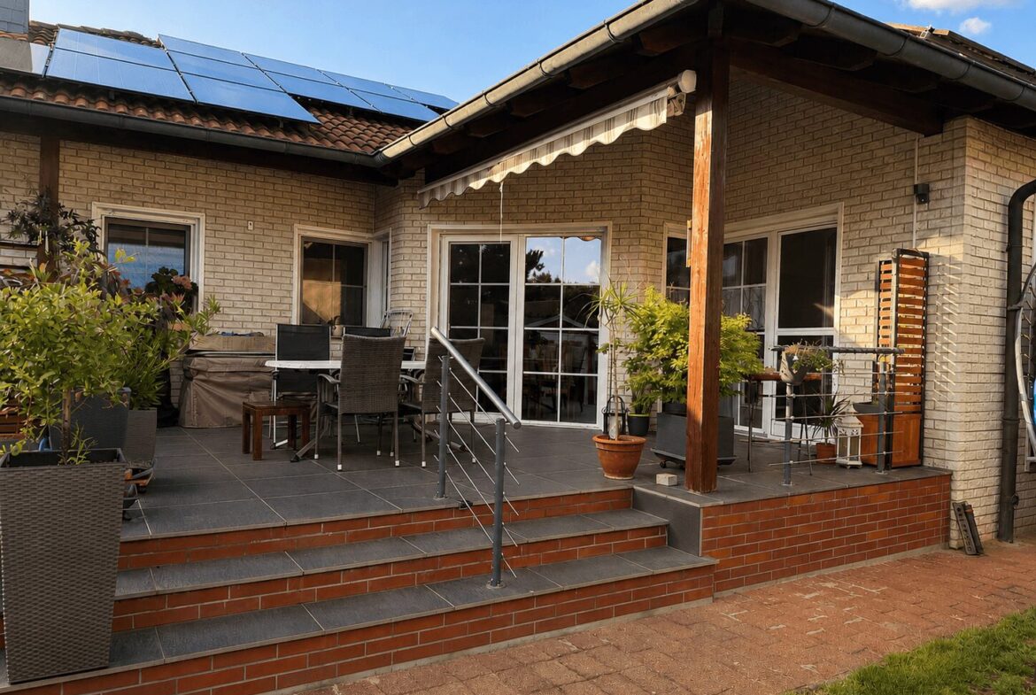 Brick house with a tiled patio, solar panels on the roof, and an outdoor dining area with a table, chairs, and potted plants on a raised deck under an awning.
