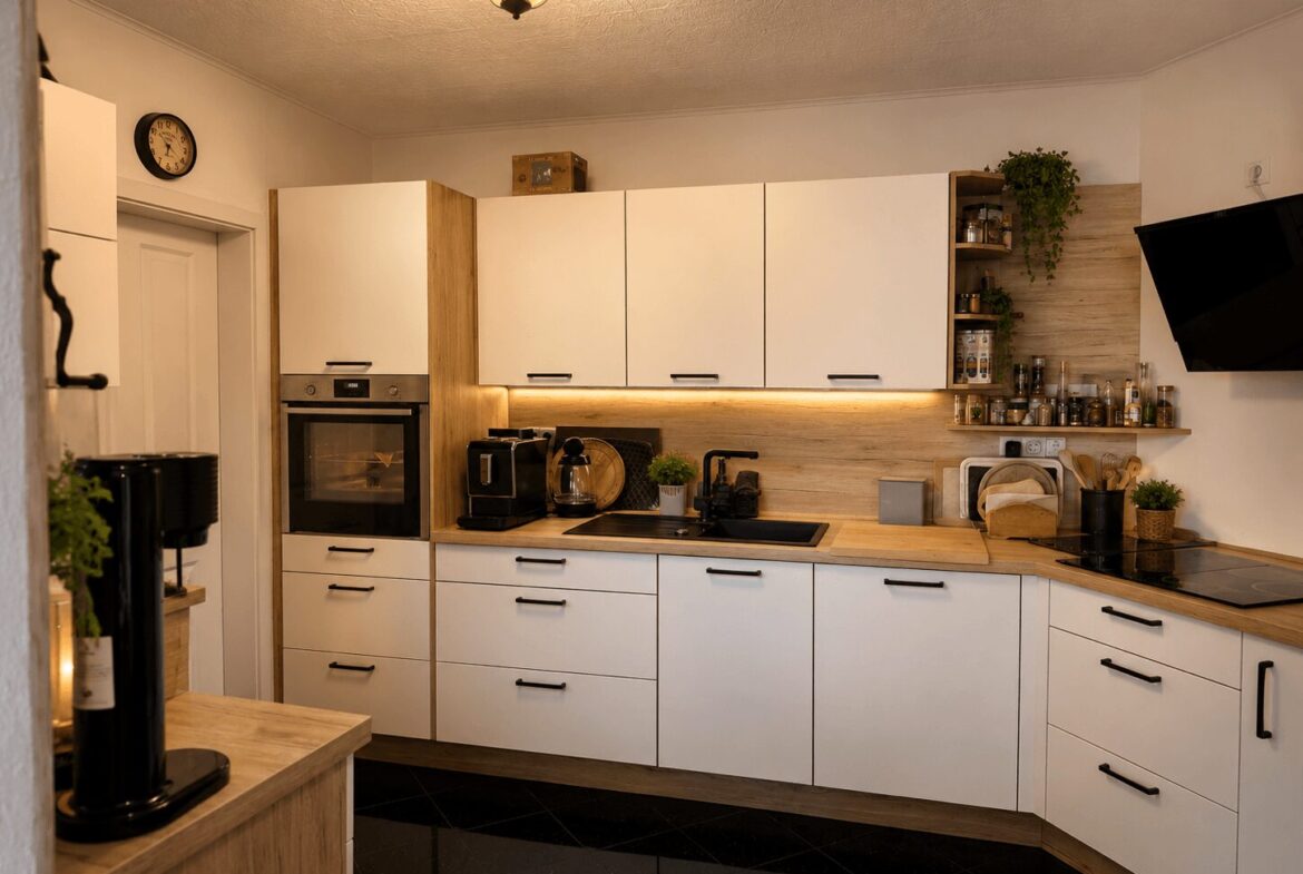 Modern kitchen with white cabinets, wooden countertops, built-in oven, and a coffee station along the counter edge.
