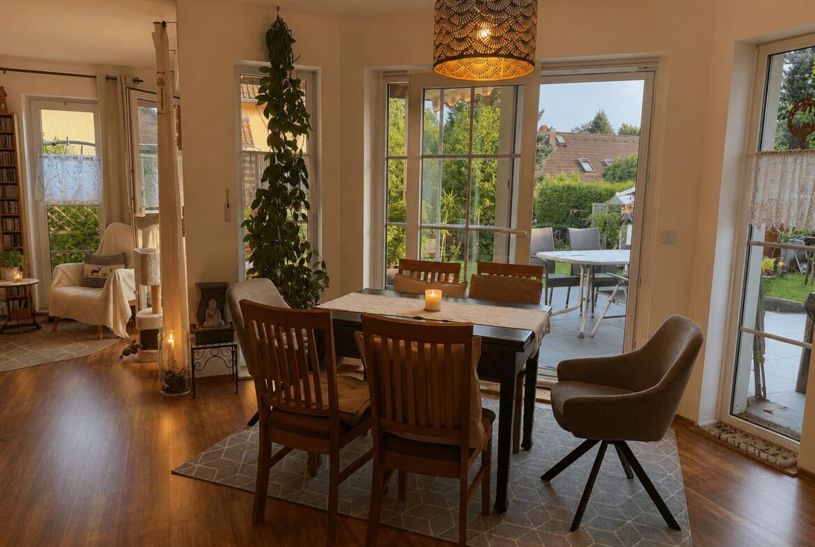 Bright dining area with a wooden table and six chairs, lit by a candle and a hanging decorative lantern, adjacent to large windows and a glass door to a patio garden.