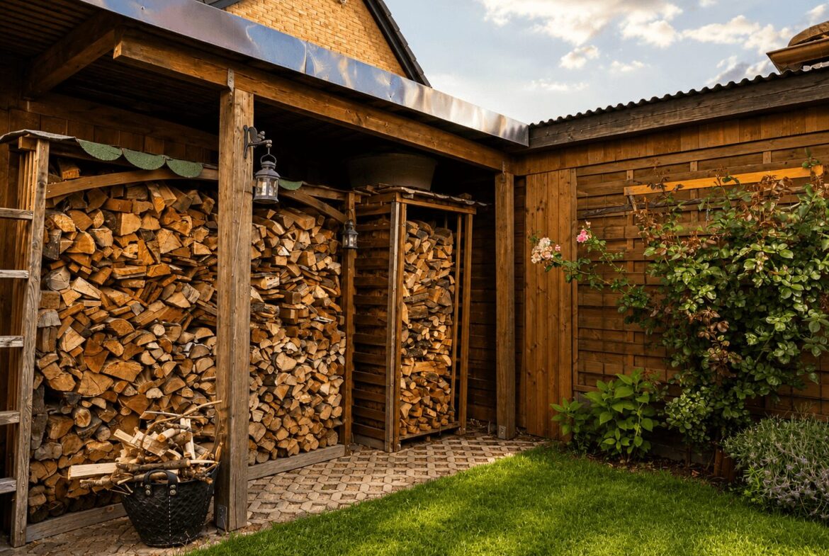 Wood storage area with neatly stacked firewood under a covered wooden shelter, hanging lanterns, and a small garden nearby.