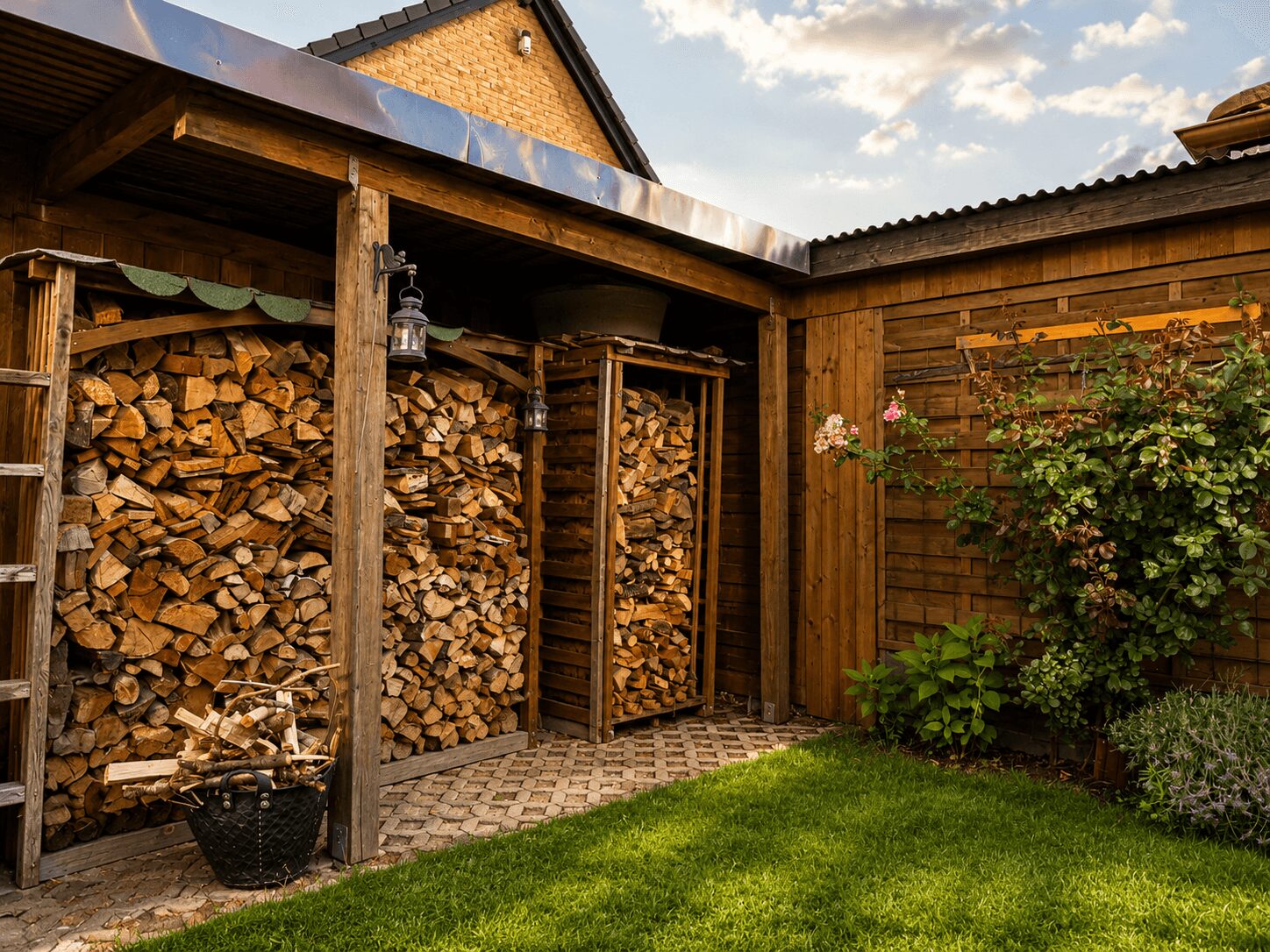 Wood storage area with neatly stacked firewood under a covered wooden shelter, hanging lanterns, and a small garden nearby.