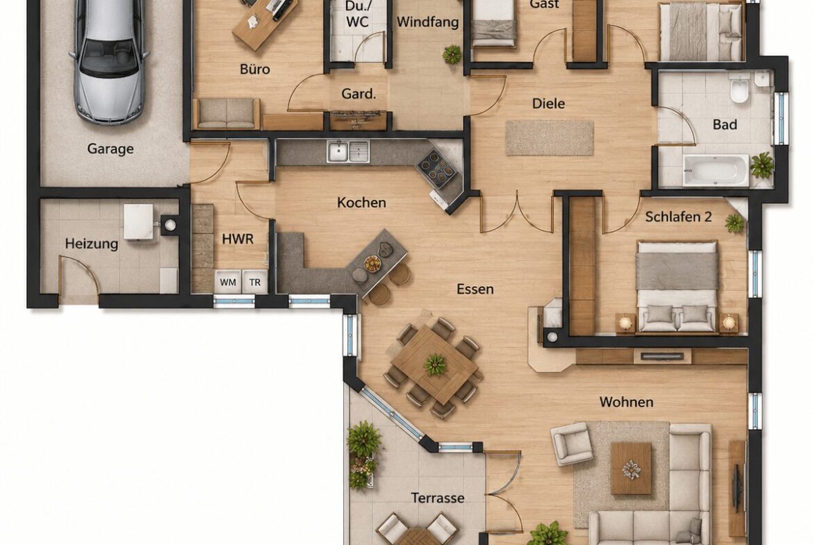 Grundriss eines Einfamilienhauses:Großer Wohn- und Essbereich mit Terrasse, angrenzende Küche, Schlafzimmer, Bad, Gästezimmer und Garage.
