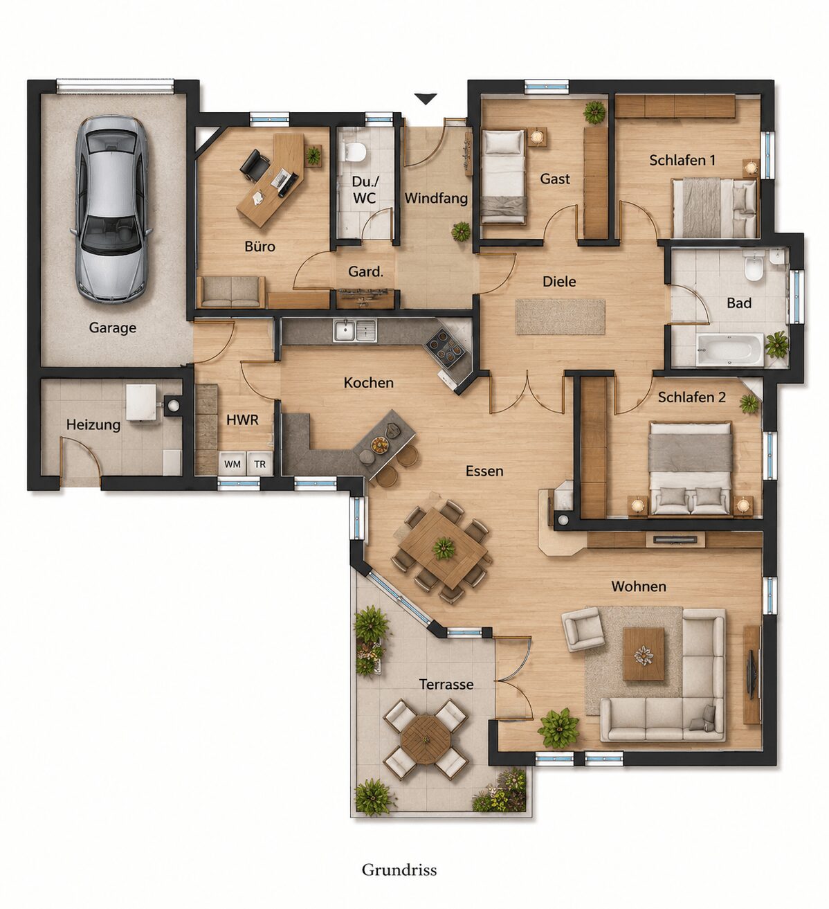 Grundriss eines Einfamilienhauses:Großer Wohn- und Essbereich mit Terrasse, angrenzende Küche, Schlafzimmer, Bad, Gästezimmer und Garage.
