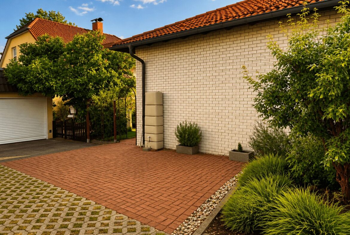 Red brick driveway leads to a white-brick house with a garage on the left, surrounded by green trees and landscaped plants.