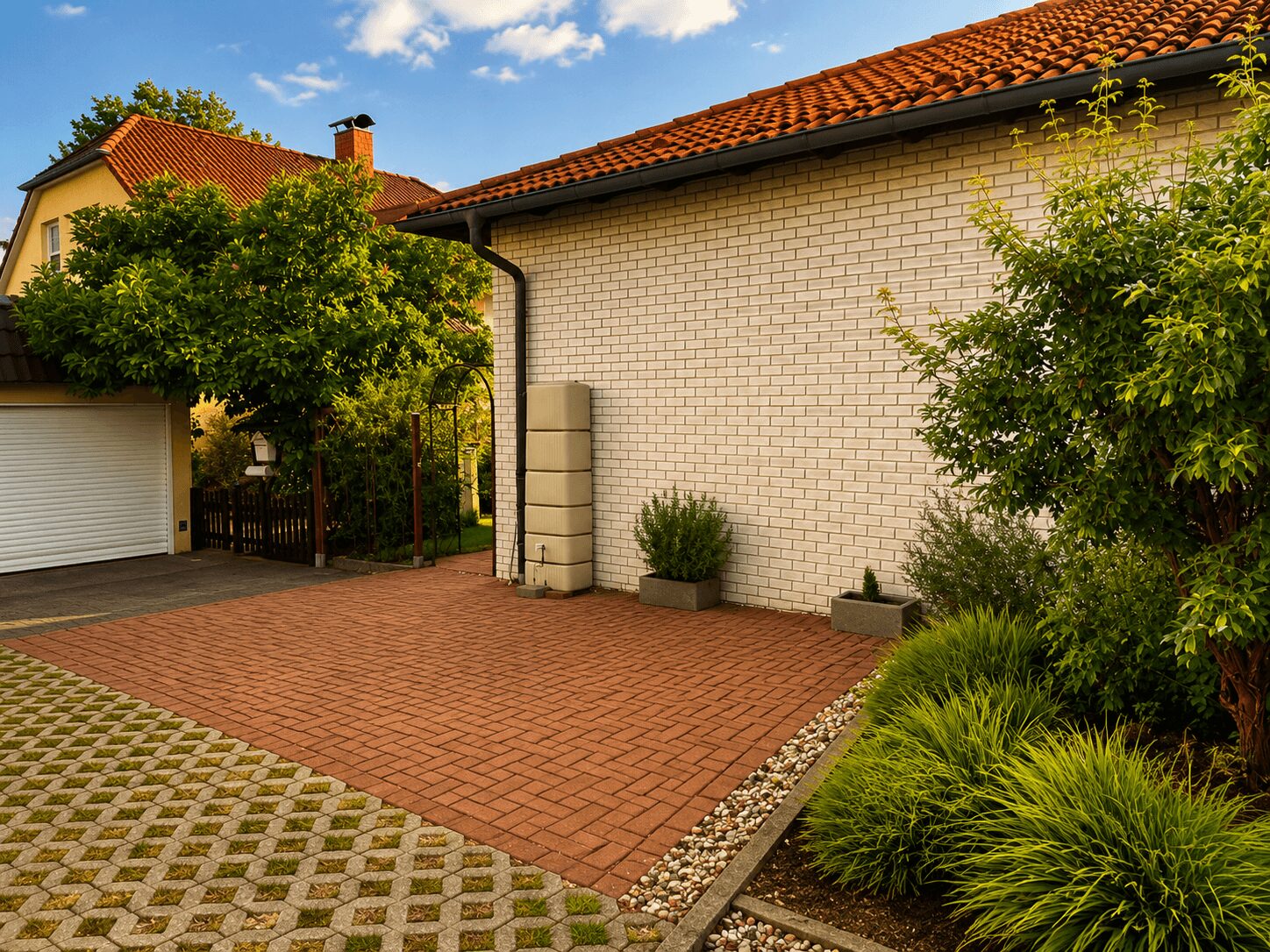 Red brick driveway leads to a white-brick house with a garage on the left, surrounded by green trees and landscaped plants.