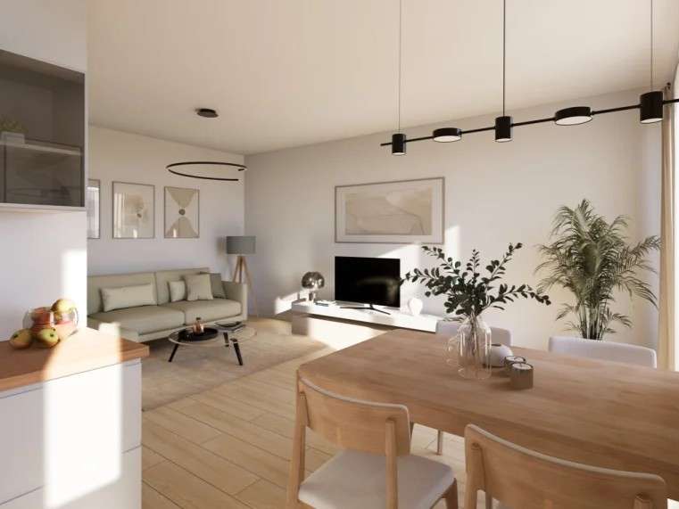Open-plan living and dining room with a beige sofa, TV stand, and wooden dining table; potted plants and soft natural light fill the space.