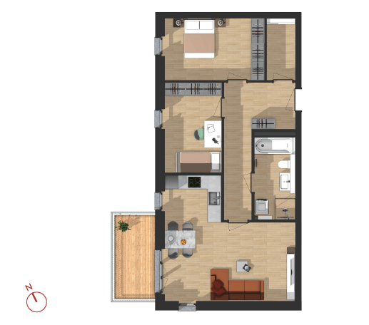 Floor plan of a one-bedroom apartment: bedroom at top with closet, central hallway, kitchen with island, dining area, living room, bathroom, and a balcony at left side; north indicated.