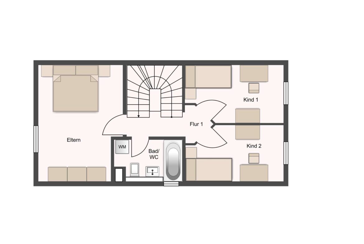 Floor plan of a home showing stairs in the center, with Eltern bedroom left, two kids' rooms (Kind 1 and Kind 2) on the right, and a bathroom area in the bottom center; labels indicate rooms and furniture.